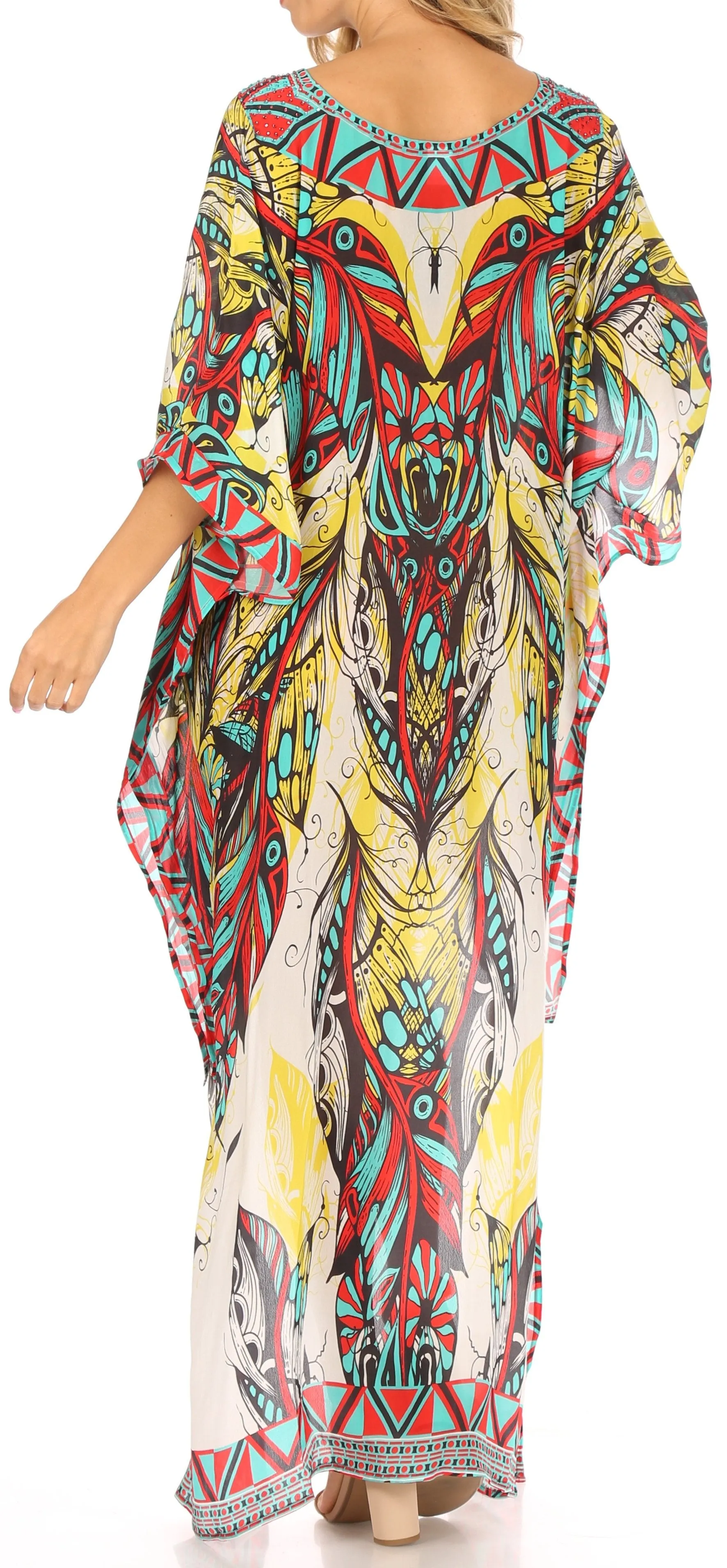 Sakkas Laisson Flowy Hi Low Caftan Rhinestone Boxy V Neck Dress Top Cover / Up