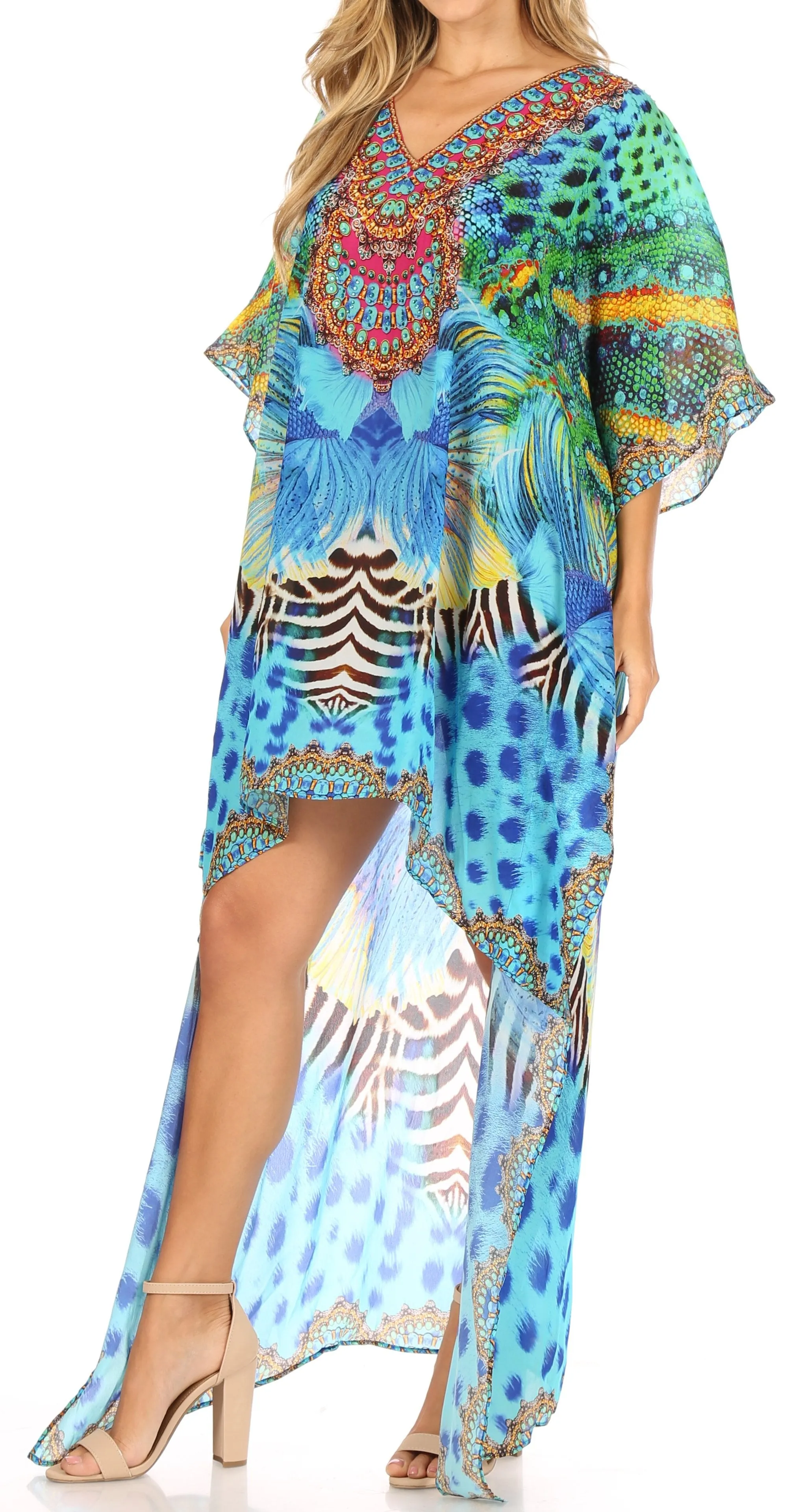 Sakkas Laisson Flowy Hi Low Caftan Rhinestone Boxy V Neck Dress Top Cover / Up