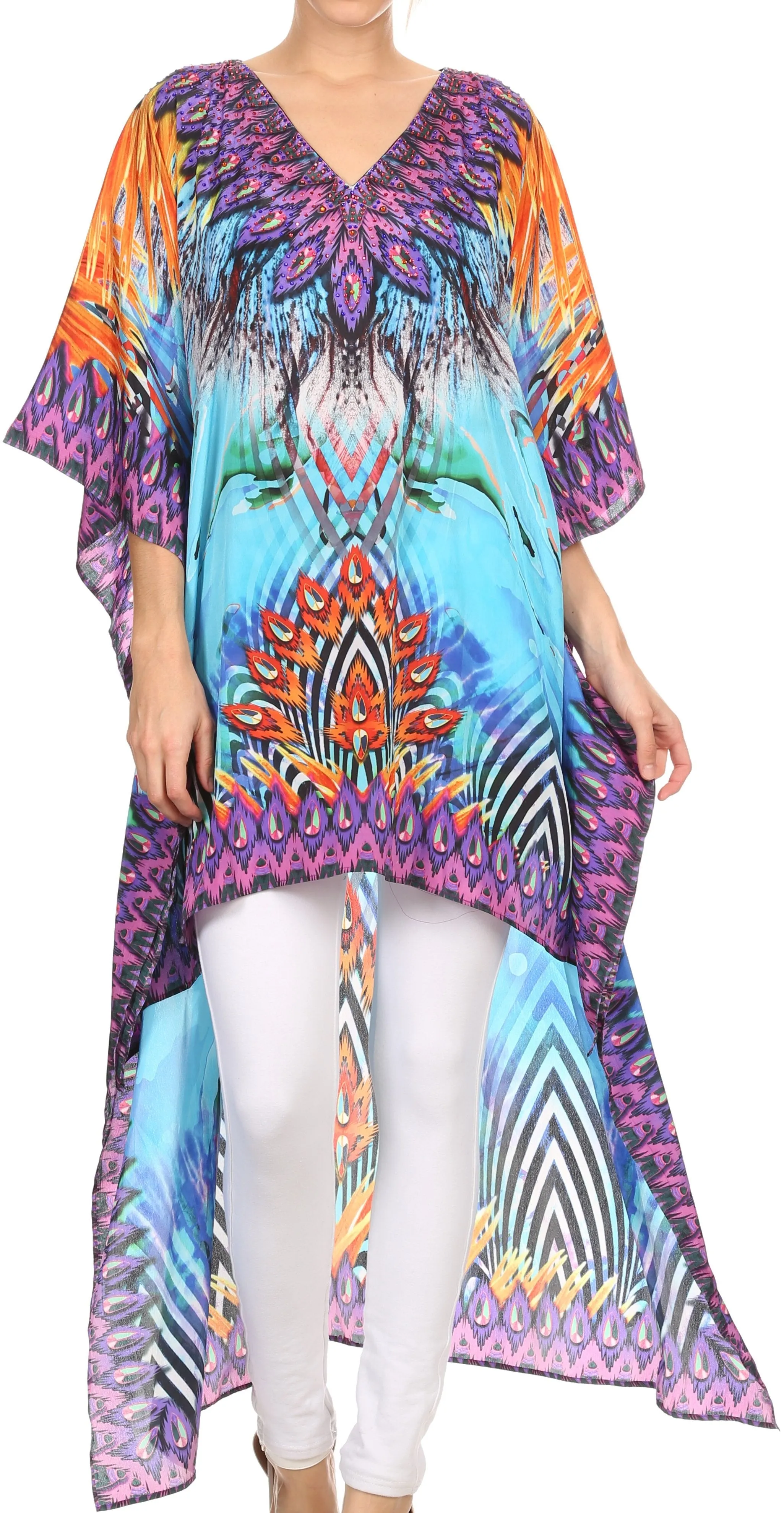 Sakkas Laisson Flowy Hi Low Caftan Rhinestone Boxy V Neck Dress Top Cover / Up