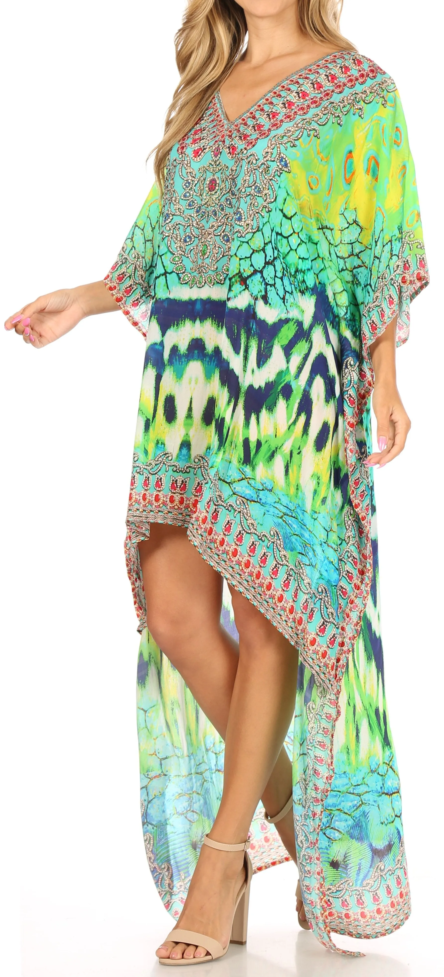 Sakkas Laisson Flowy Hi Low Caftan Rhinestone Boxy V Neck Dress Top Cover / Up