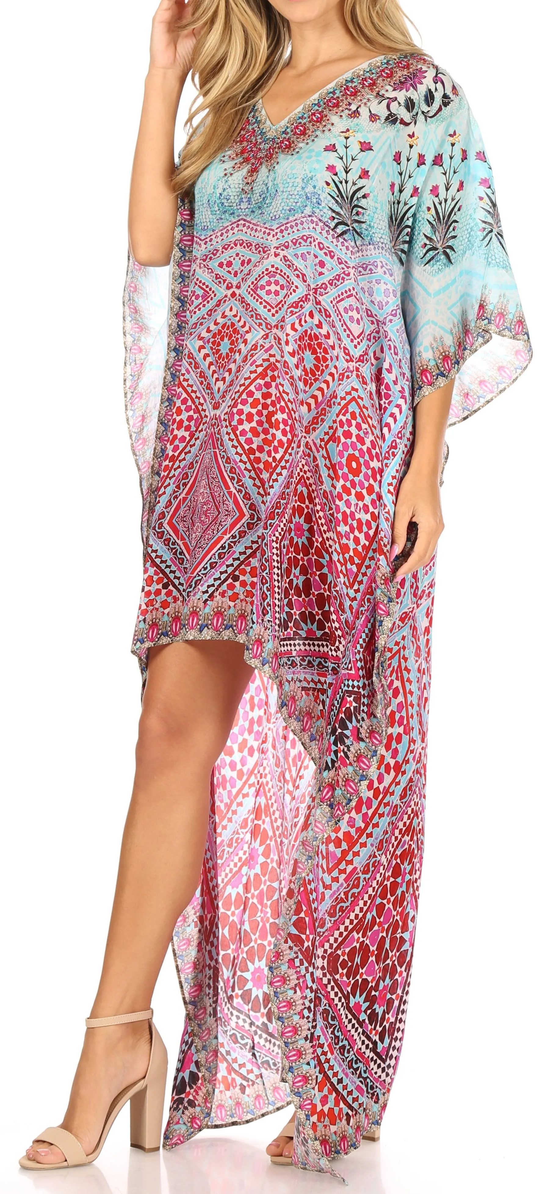 Sakkas Laisson Flowy Hi Low Caftan Rhinestone Boxy V Neck Dress Top Cover / Up