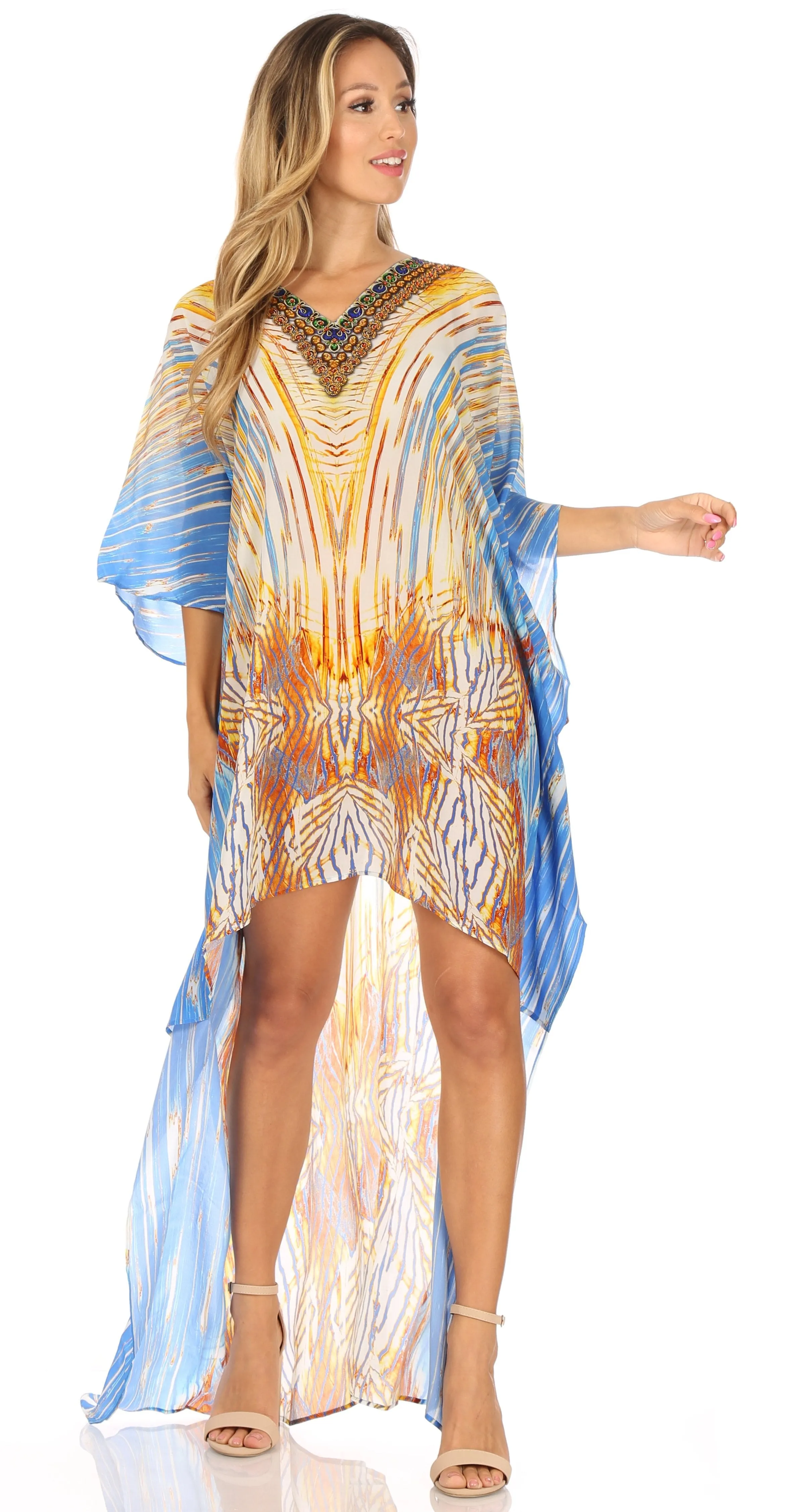 Sakkas Laisson Flowy Hi Low Caftan Rhinestone Boxy V Neck Dress Top Cover / Up