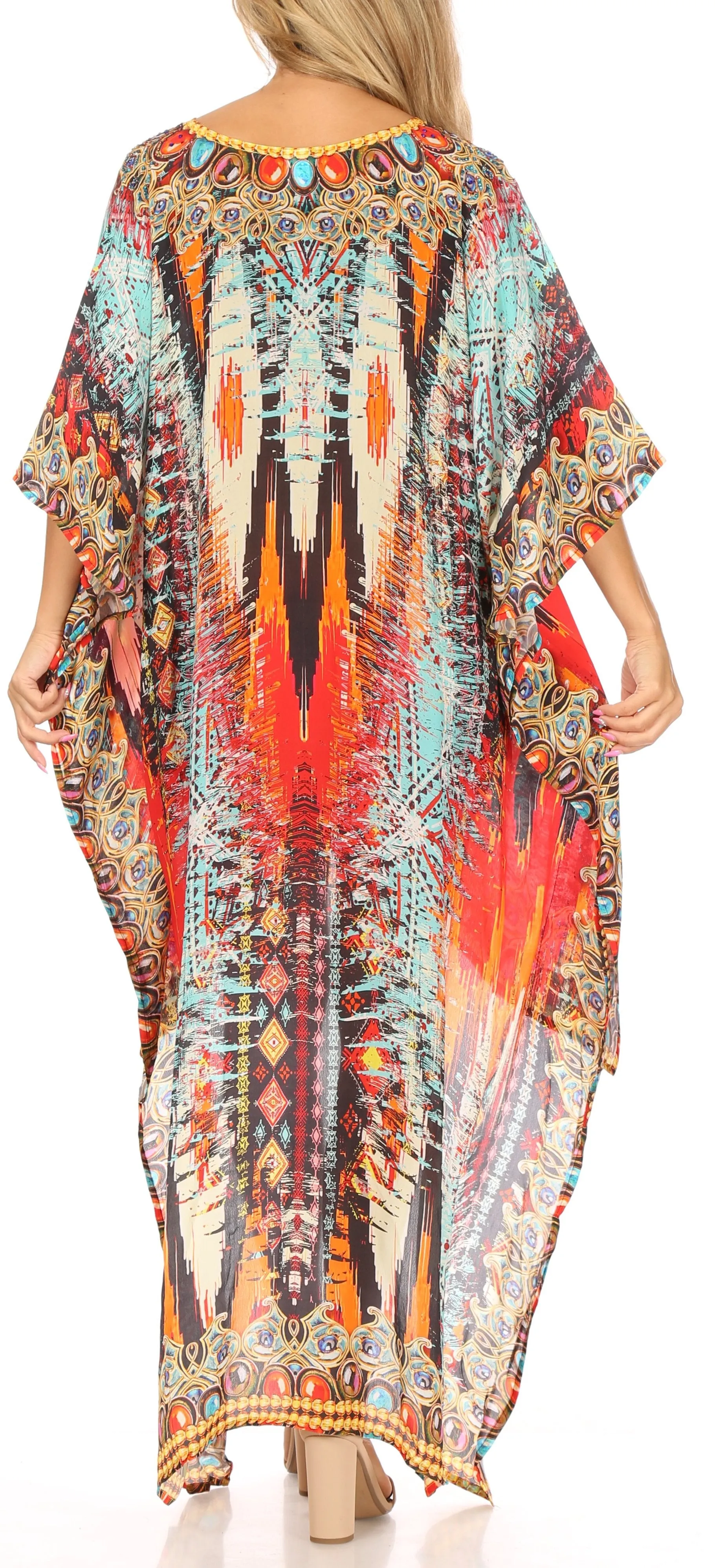 Sakkas Laisson Flowy Hi Low Caftan Rhinestone Boxy V Neck Dress Top Cover / Up