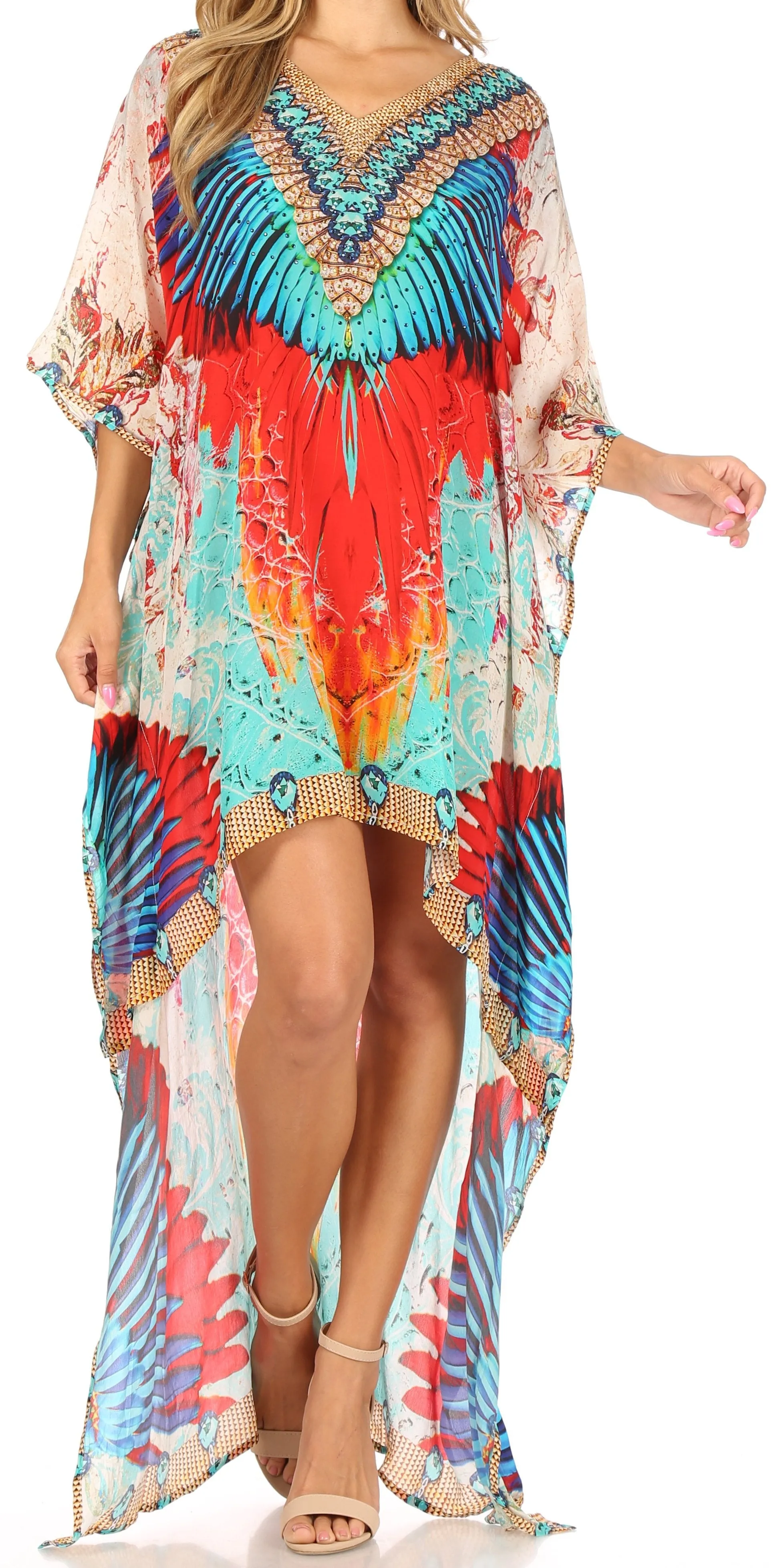 Sakkas Laisson Flowy Hi Low Caftan Rhinestone Boxy V Neck Dress Top Cover / Up