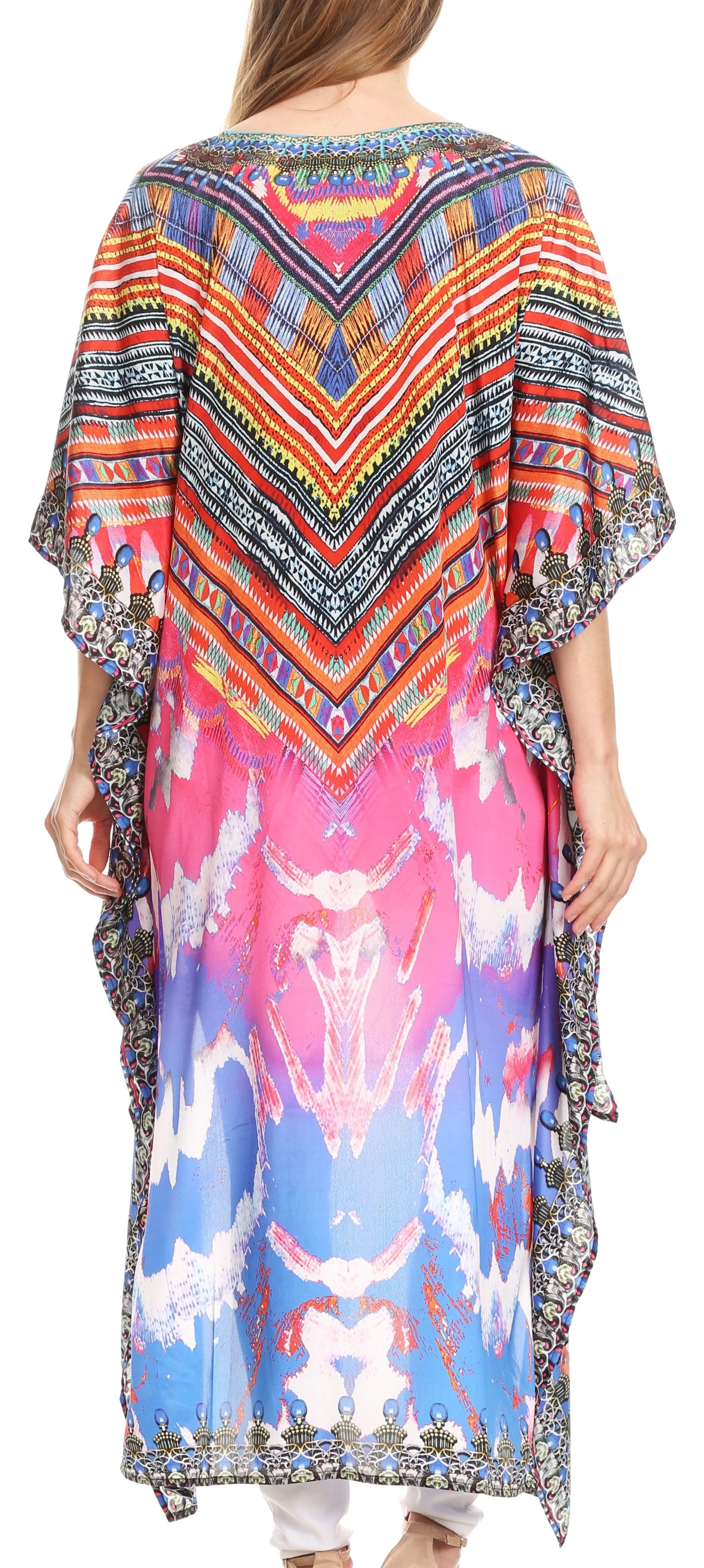 Sakkas Laisson Flowy Hi Low Caftan Rhinestone Boxy V Neck Dress Top Cover / Up