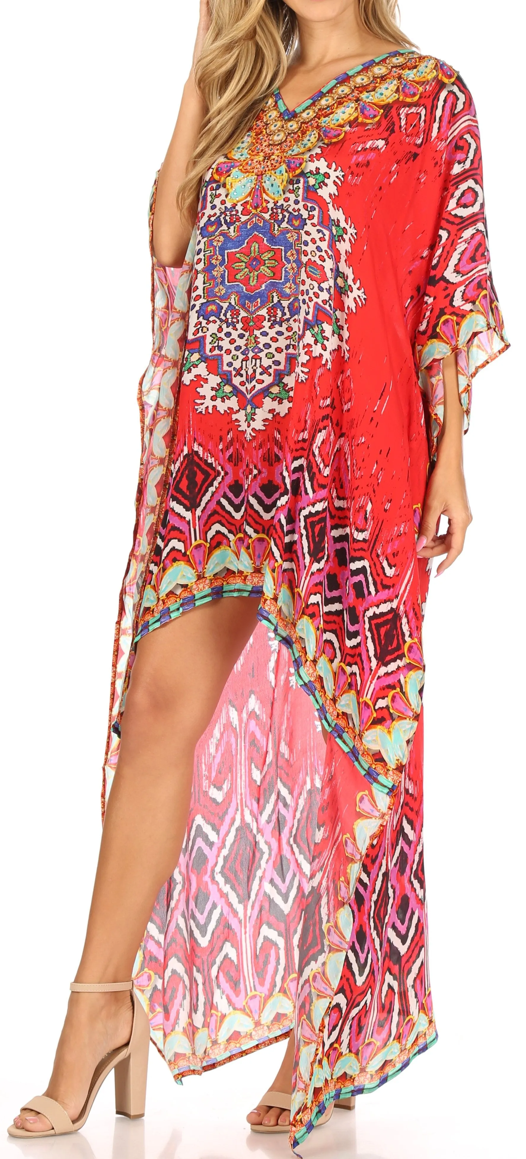 Sakkas Laisson Flowy Hi Low Caftan Rhinestone Boxy V Neck Dress Top Cover / Up