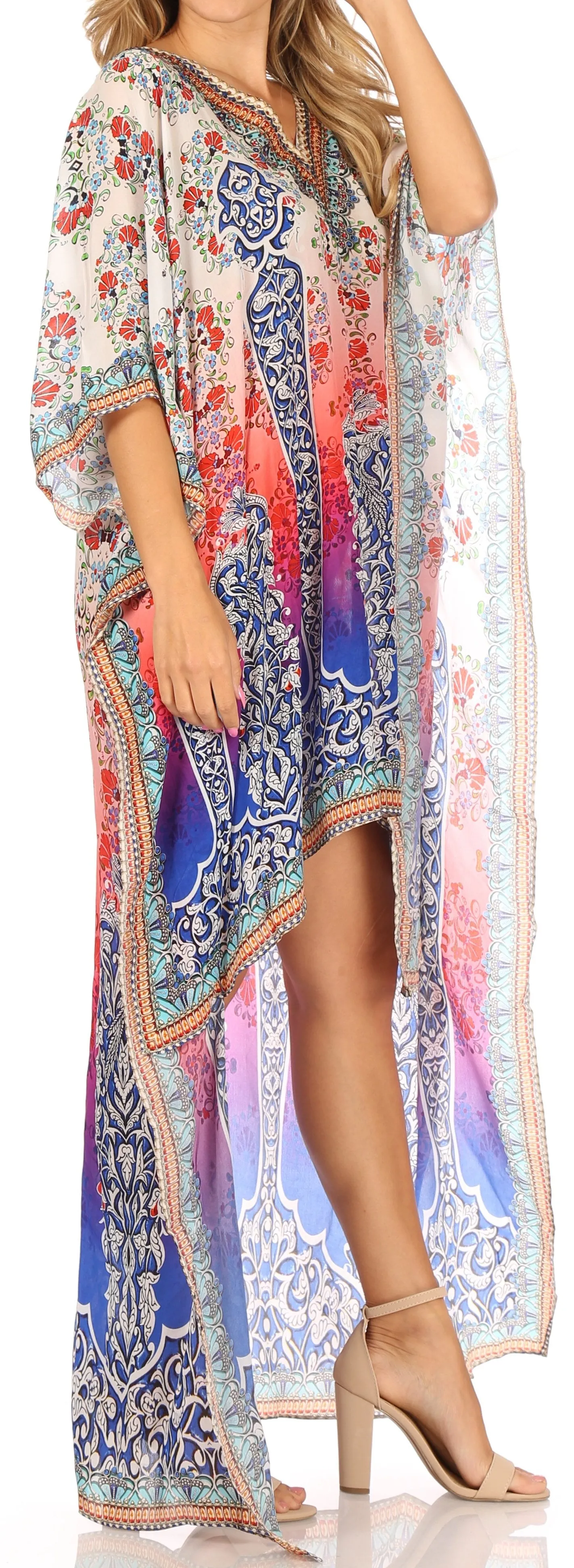 Sakkas Laisson Flowy Hi Low Caftan Rhinestone Boxy V Neck Dress Top Cover / Up