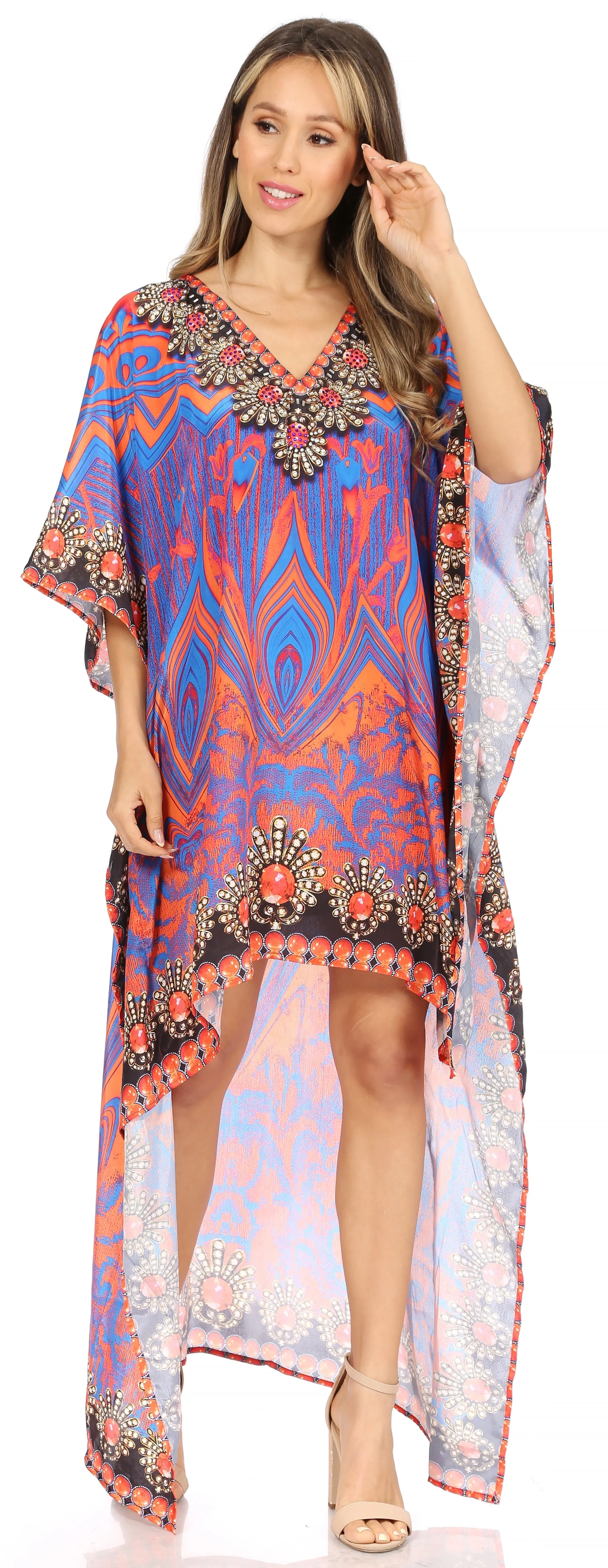 Sakkas Laisson Flowy Hi Low Caftan Rhinestone Boxy V Neck Dress Top Cover / Up