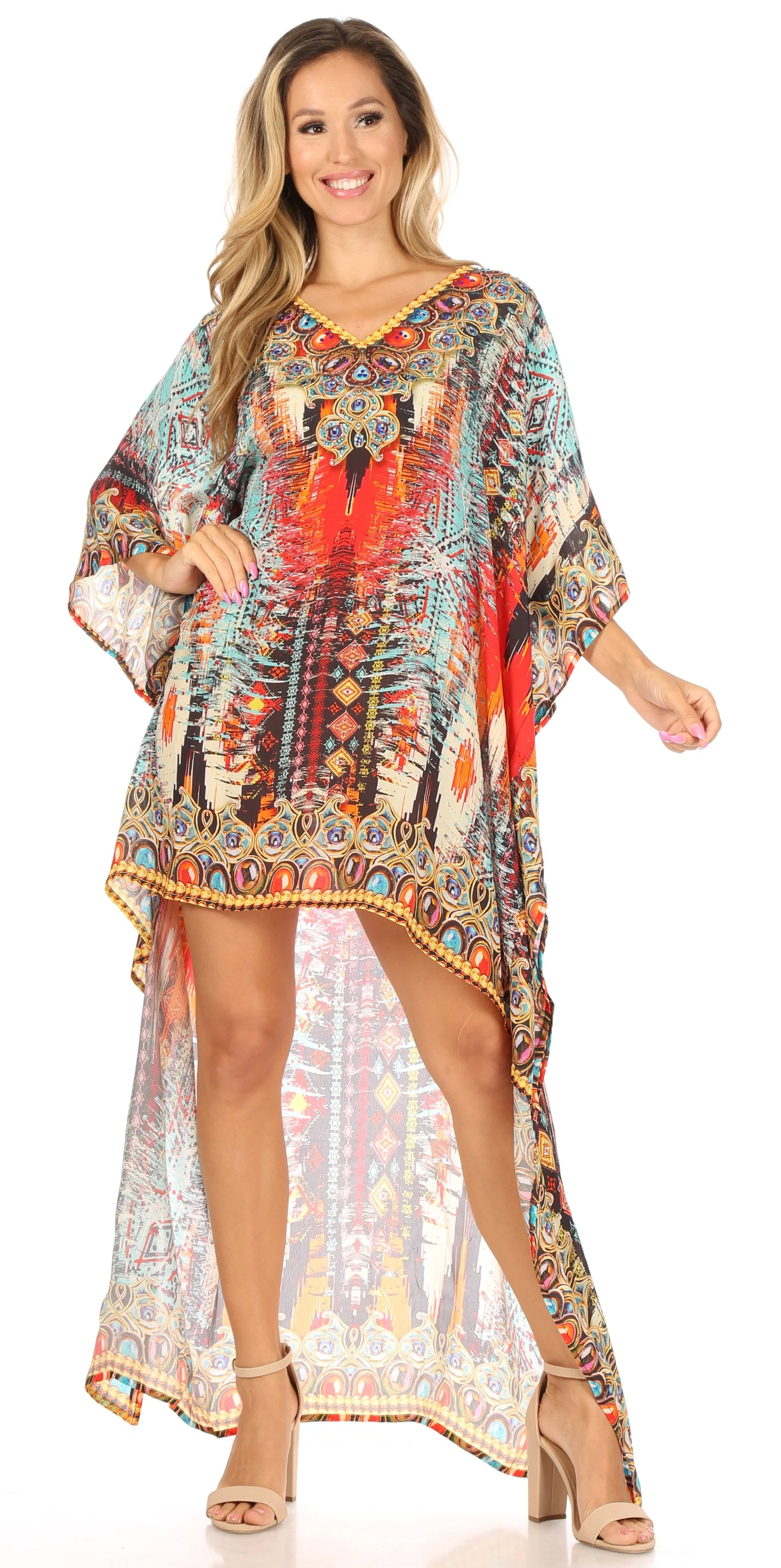 Sakkas Laisson Flowy Hi Low Caftan Rhinestone Boxy V Neck Dress Top Cover / Up