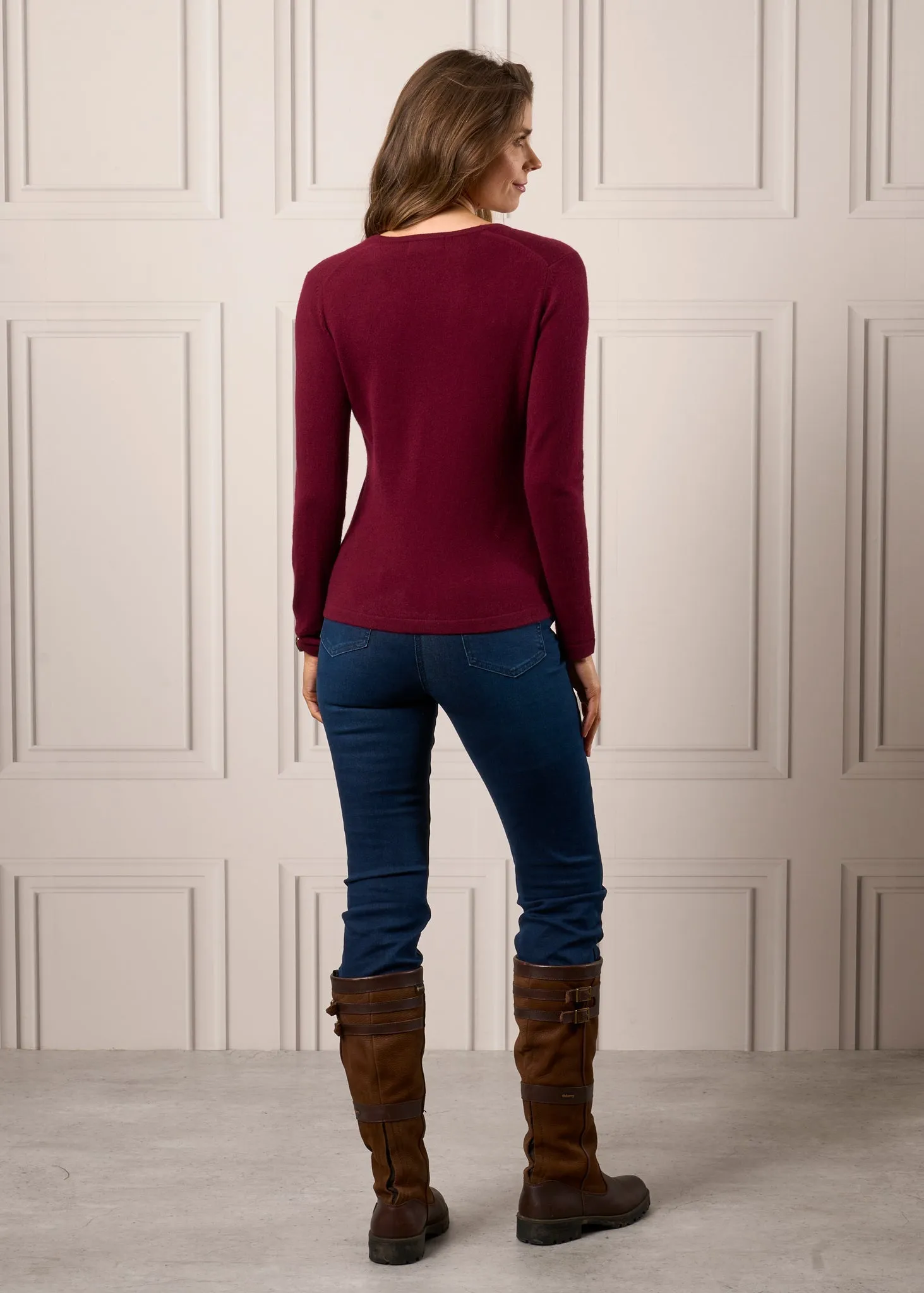 Sally Ladies Cashmere Vee Neck Cardigan In Bordeaux