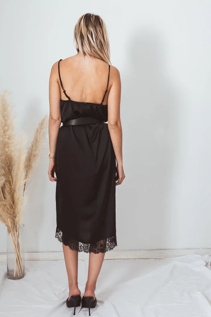 Satin Slip Midi Dress with Lace Trim - Black