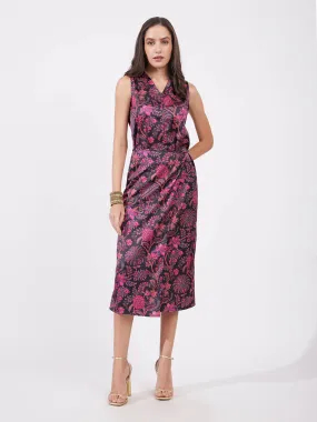 Satin Waist Wrap Dress - Pink And Black