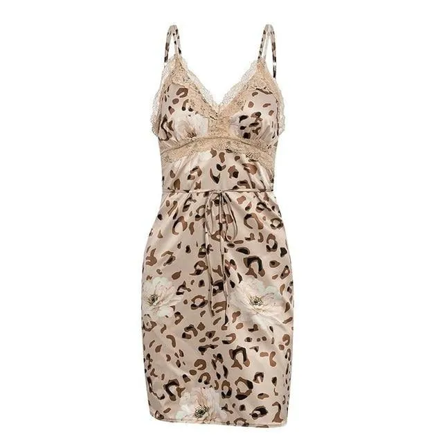 Sexy V-neck Short Party Leopard Sleeveless Backless Mini Casual Club Office Lace Dress