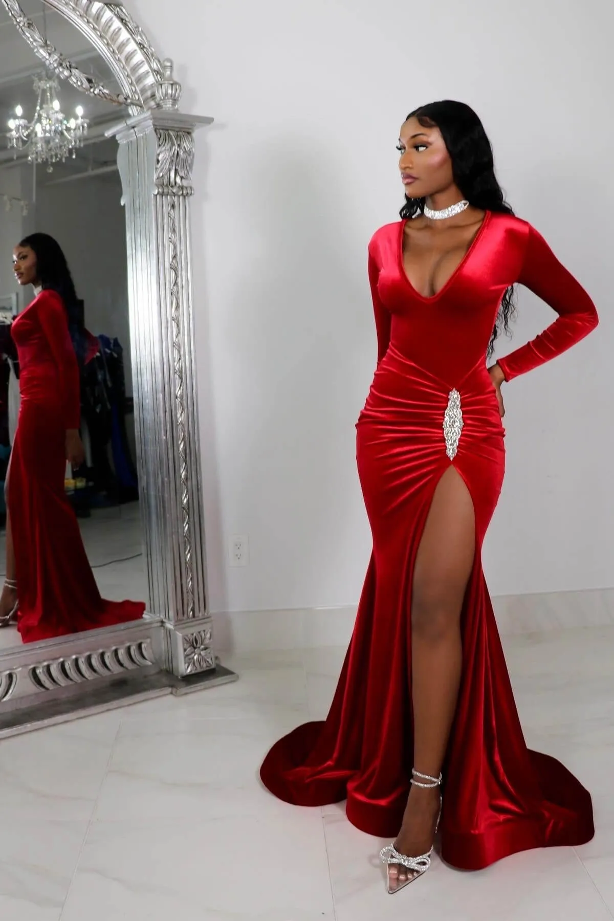 Sexy V-neck Split Front Long Mermaid Prom Dress With Long Sleeves