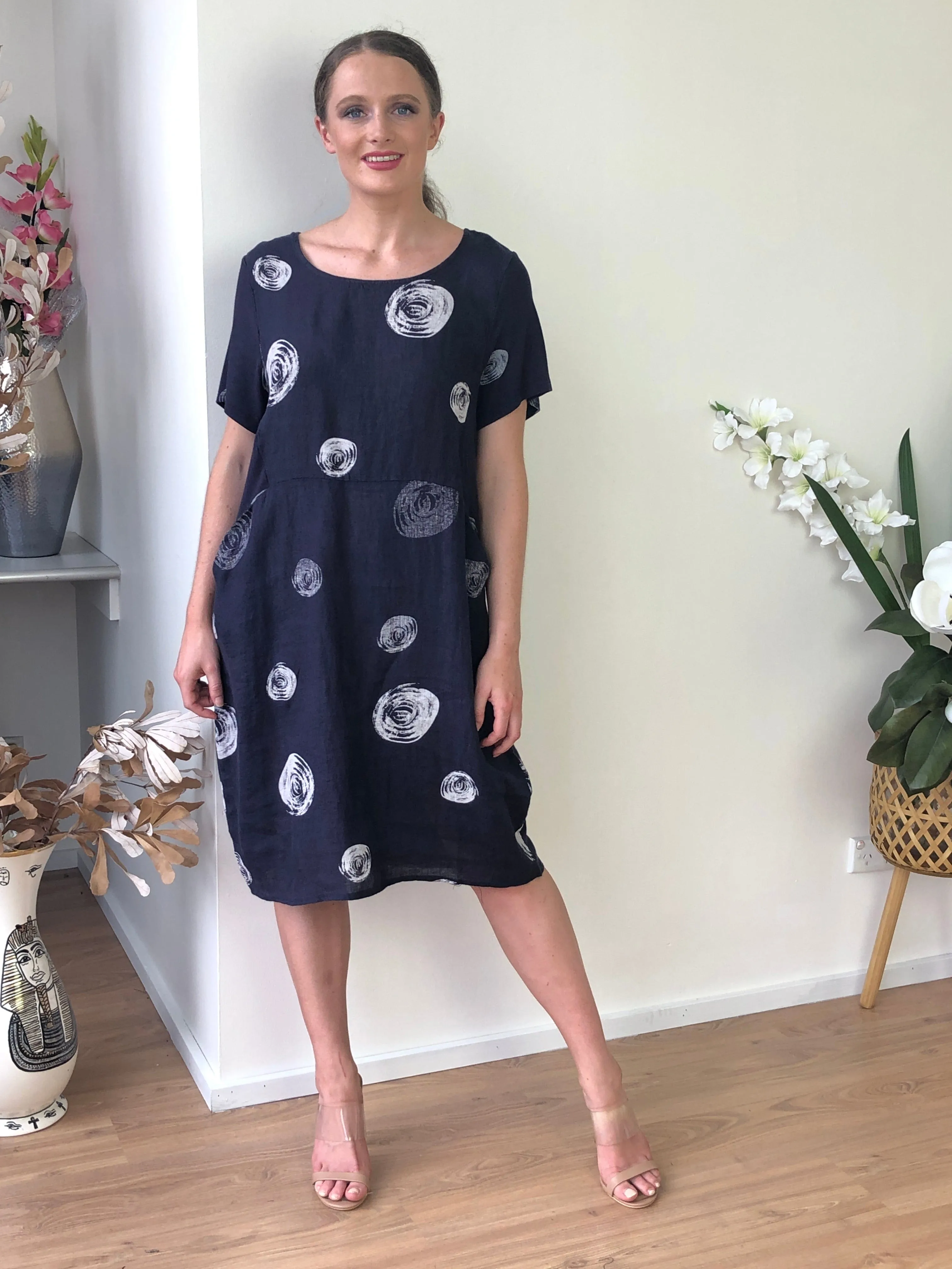 Sicily Navy Swirl Linen Dress