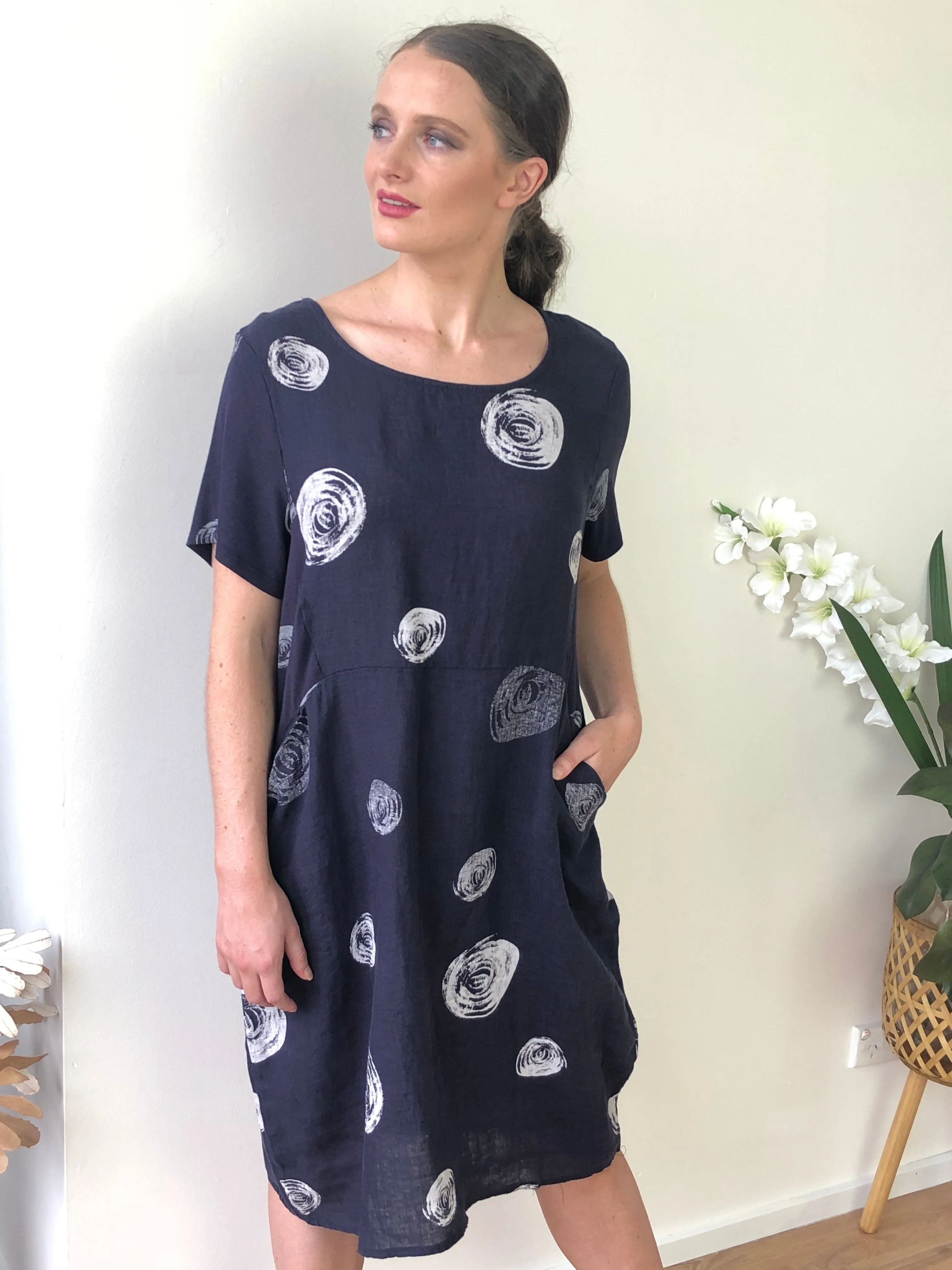 Sicily Navy Swirl Linen Dress