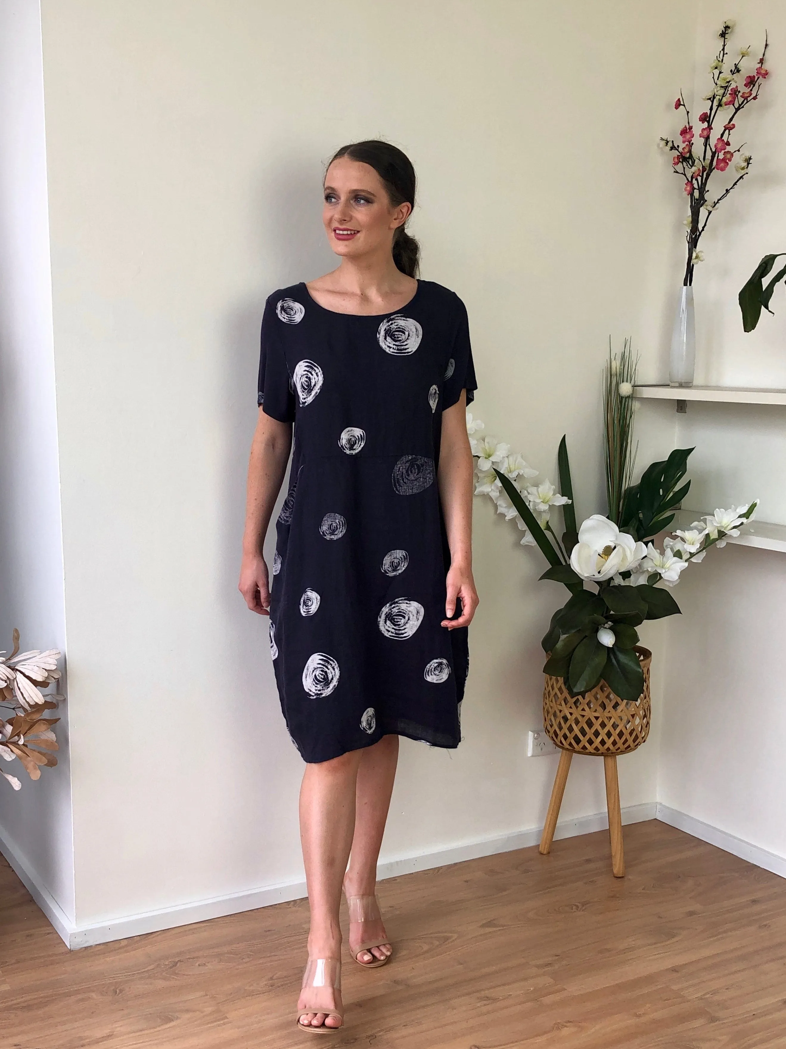 Sicily Navy Swirl Linen Dress