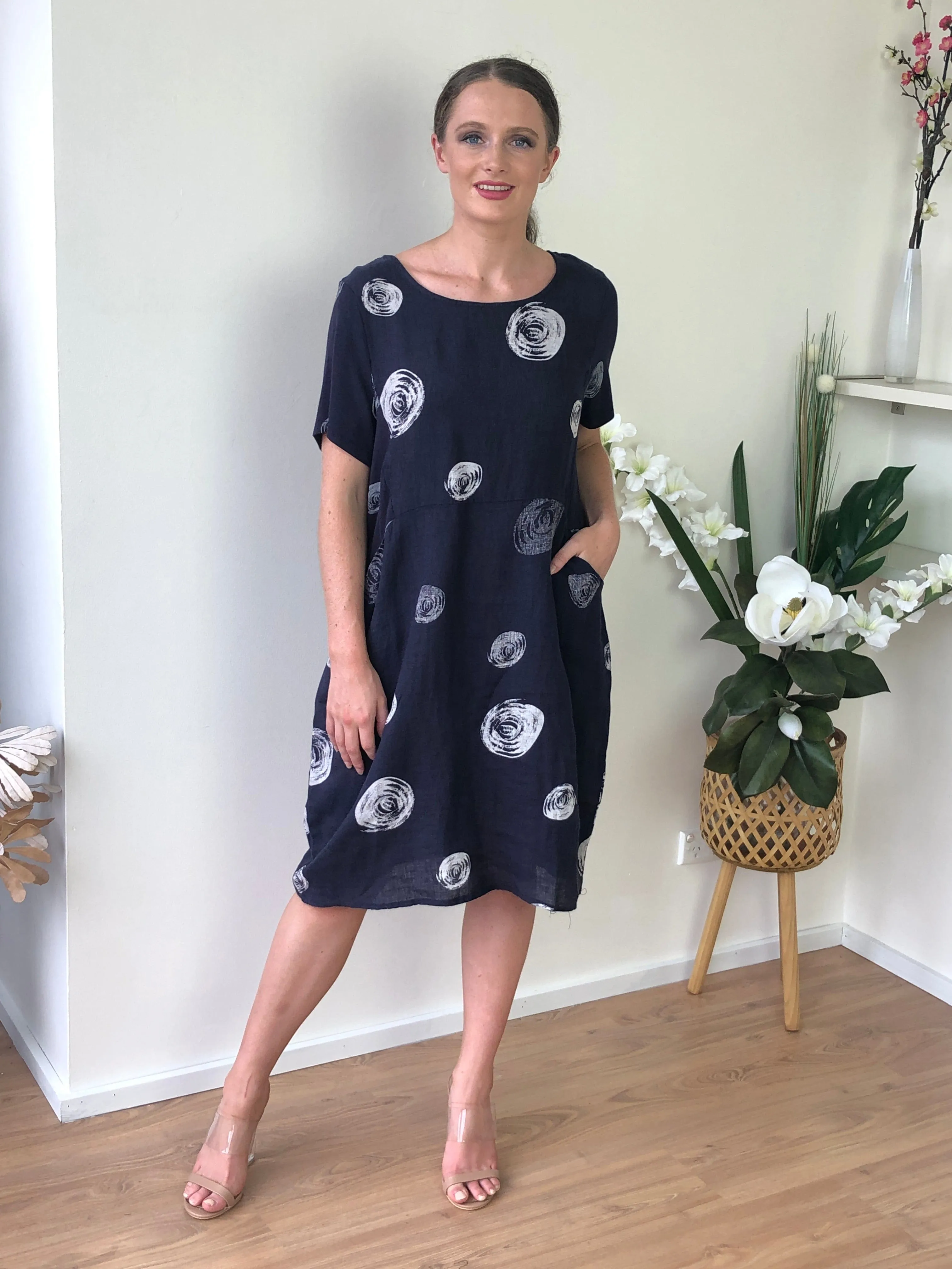 Sicily Navy Swirl Linen Dress