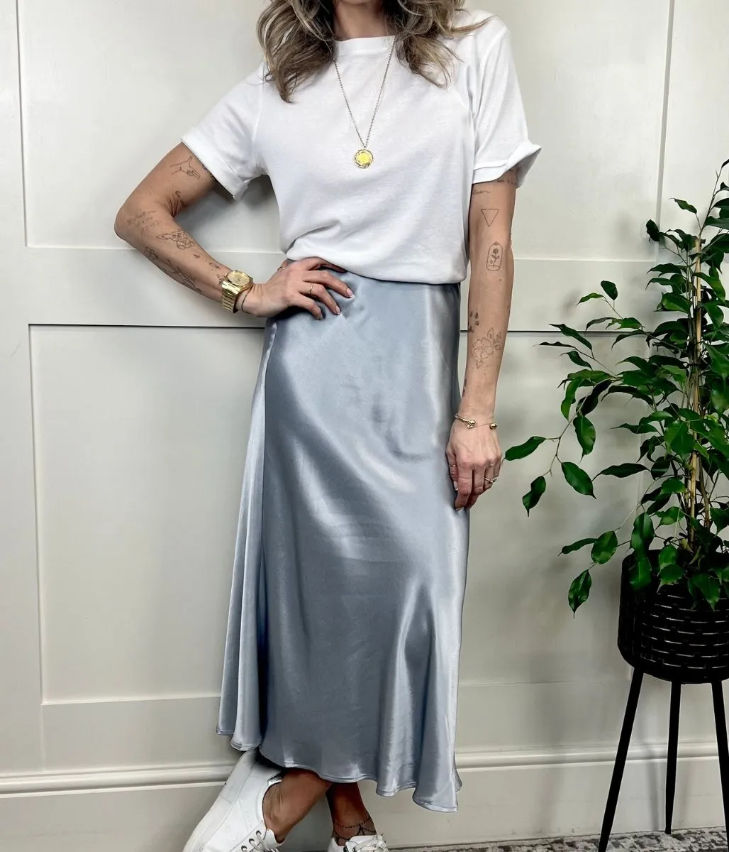 Silver Satin Midi Slip Skirt