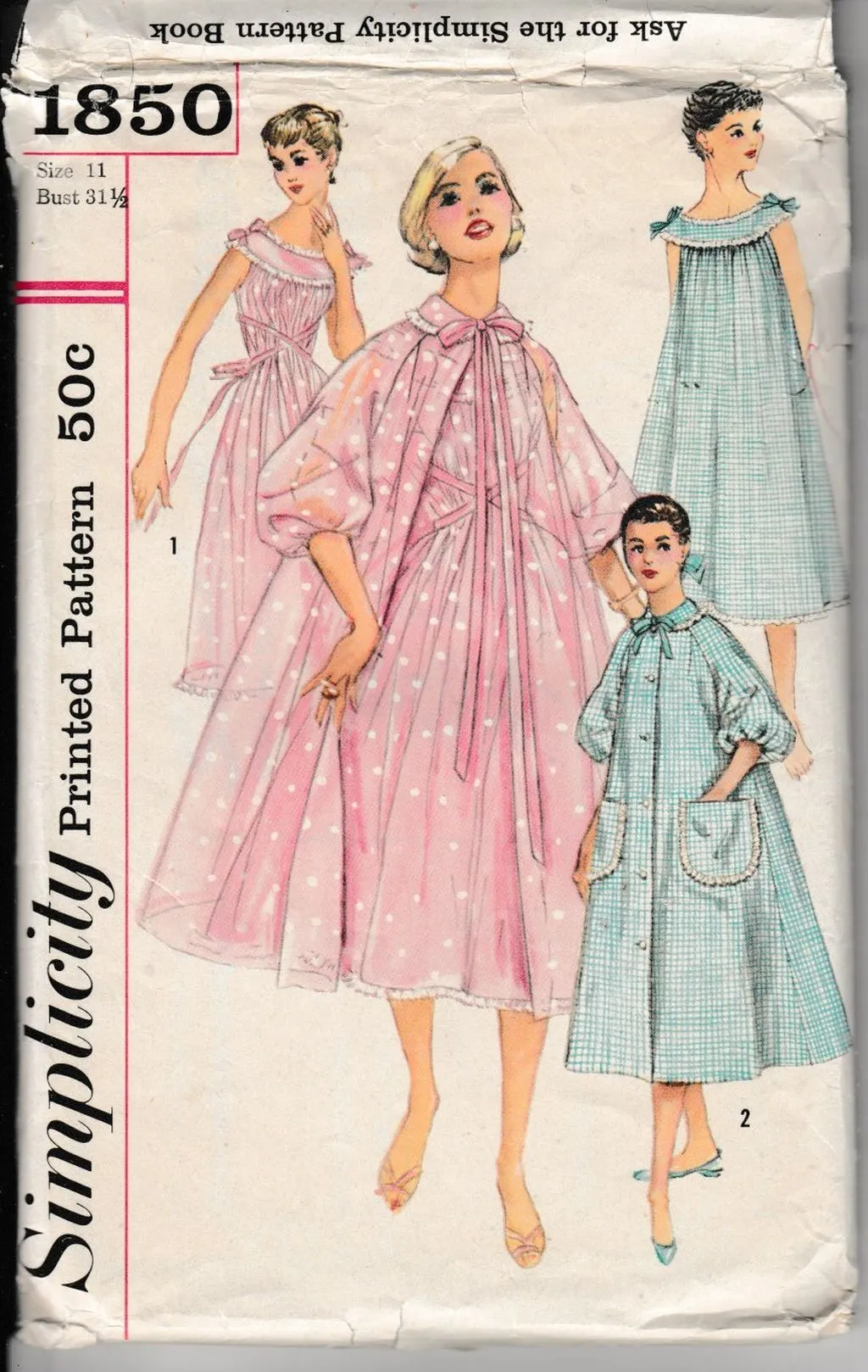 Simplicity 1850 Junior Teen Nightgown Negligee Brunch Coat Lingerie Vintage 1950's Pattern