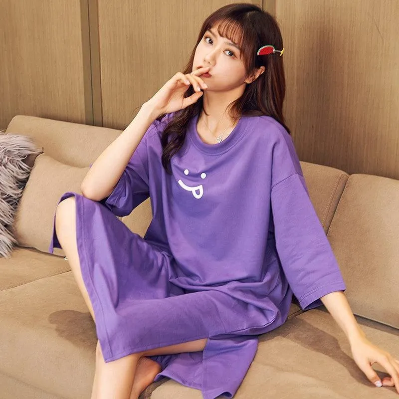 Sleepwear 100% Soft Cotton Purple Night Shirt Nightgown Lounge wear M L XL XXL