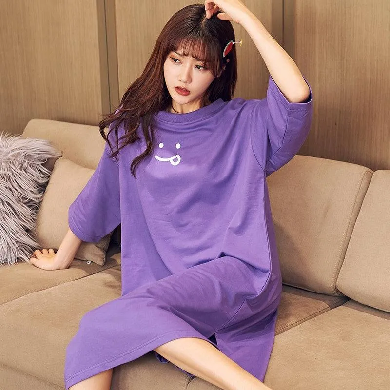 Sleepwear 100% Soft Cotton Purple Night Shirt Nightgown Lounge wear M L XL XXL