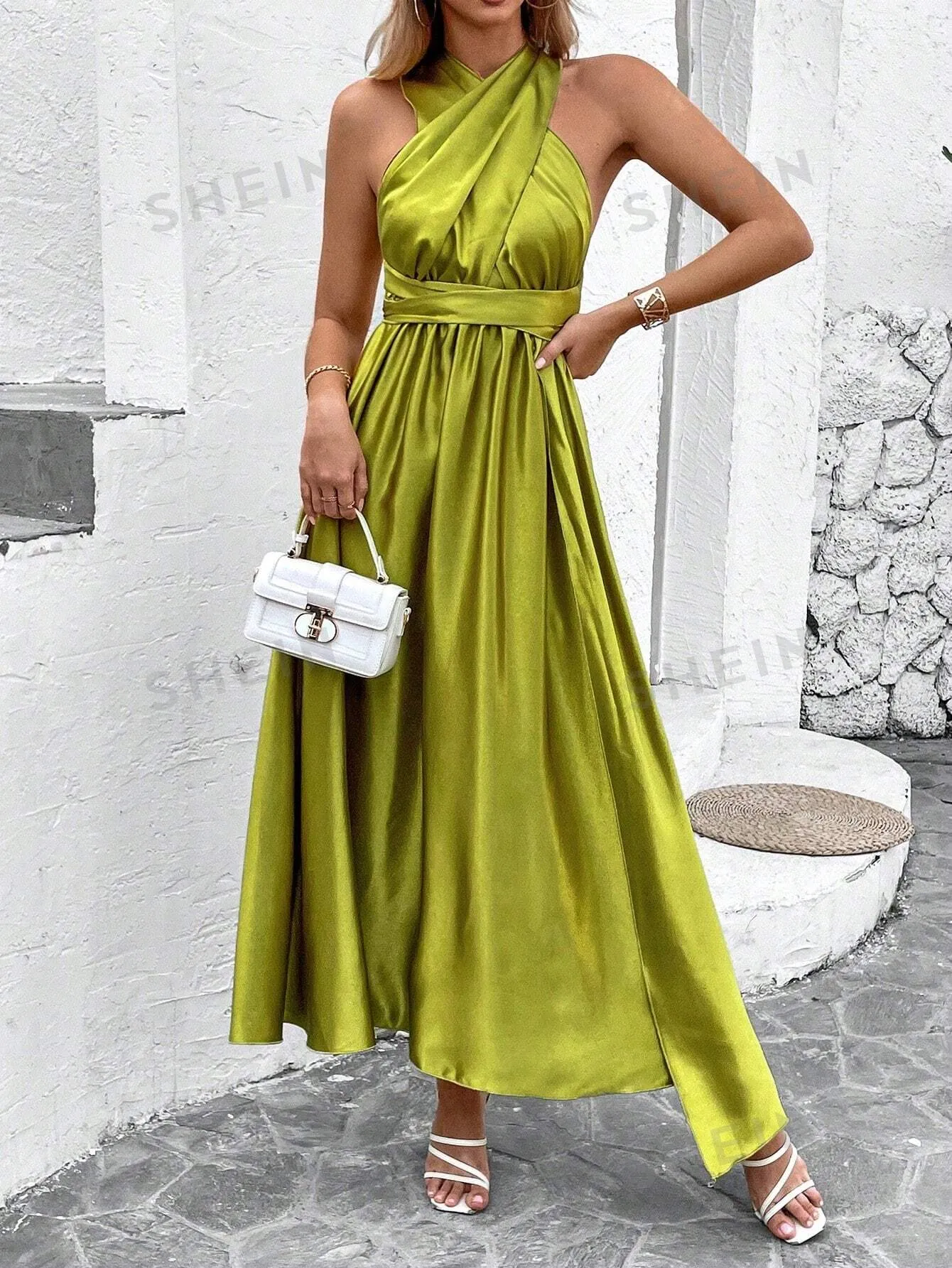 Sleeveless Cross Wrap Front Dress With Side Slit