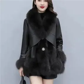 Slim-Fit Faux Fox Fur Mid-Length Leather Coats