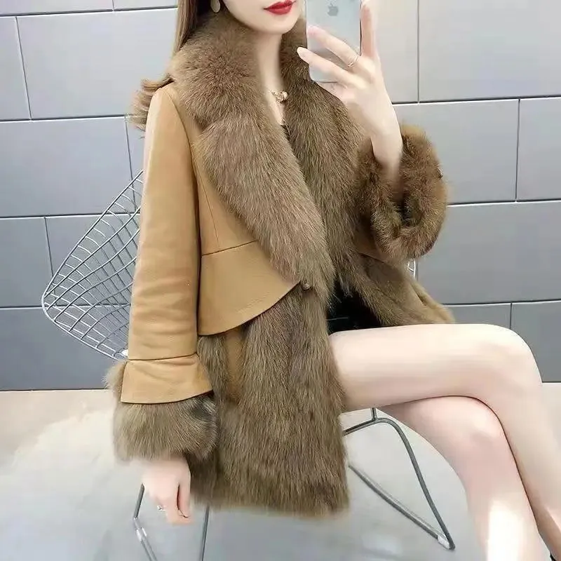 Slim-Fit Faux Fox Fur Mid-Length Leather Coats