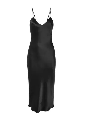 Sophia Midi Silk Slip Dress in Black