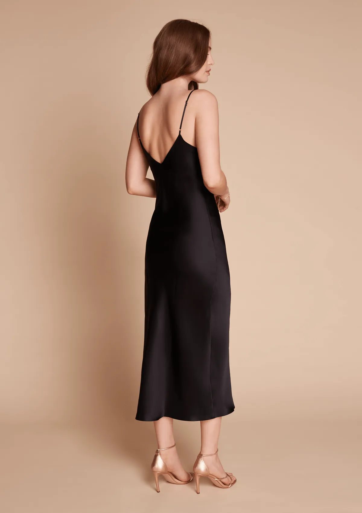 Sophia Midi Silk Slip Dress in Black