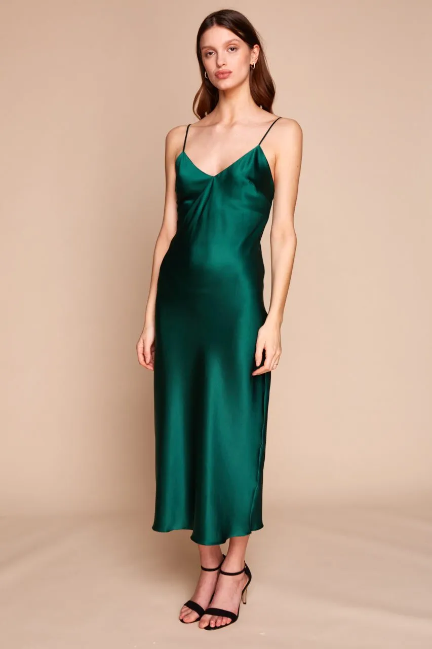 Sophia Midi Silk Slip Dress in Emerald Green