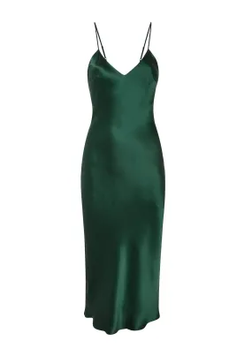 Sophia Midi Silk Slip Dress in Emerald Green