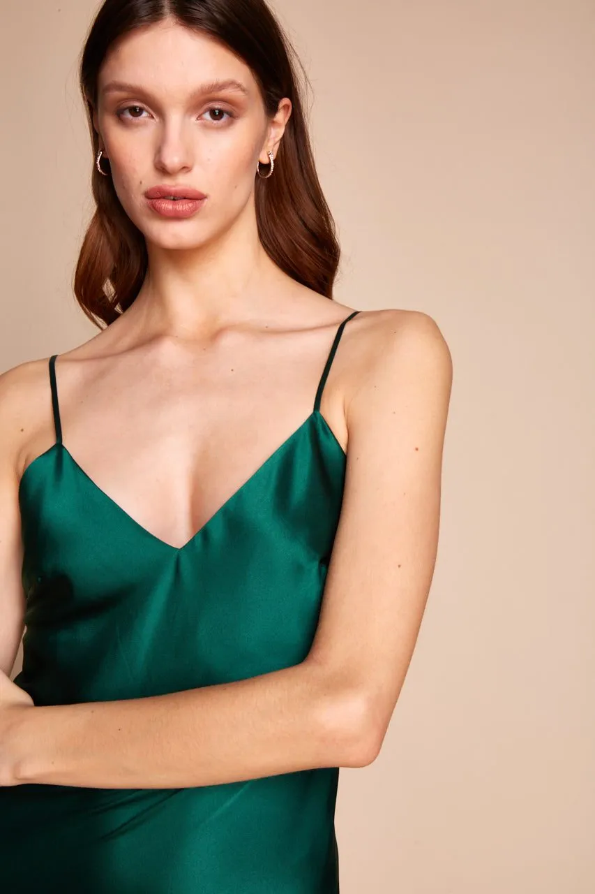 Sophia Midi Silk Slip Dress in Emerald Green