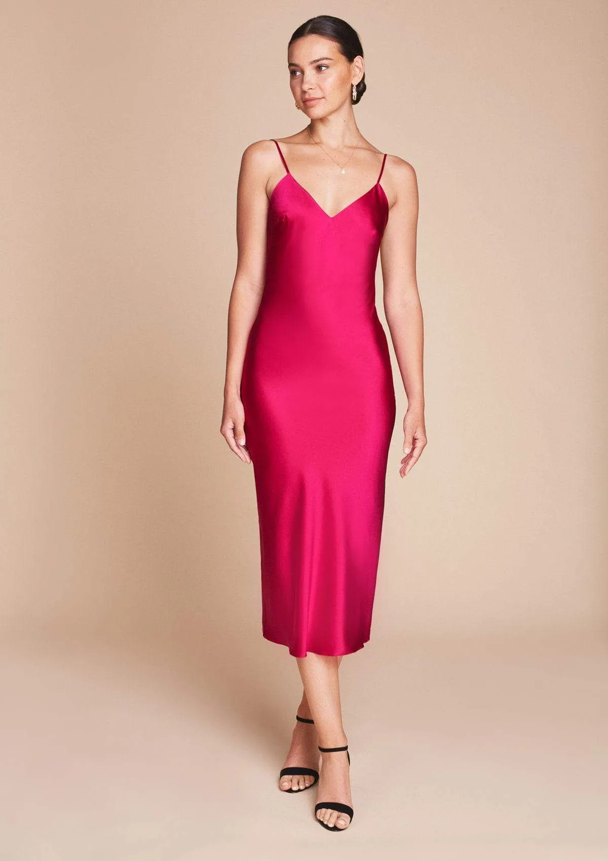 Sophia Midi Silk Slip Dress in Hollywood Rose Pink