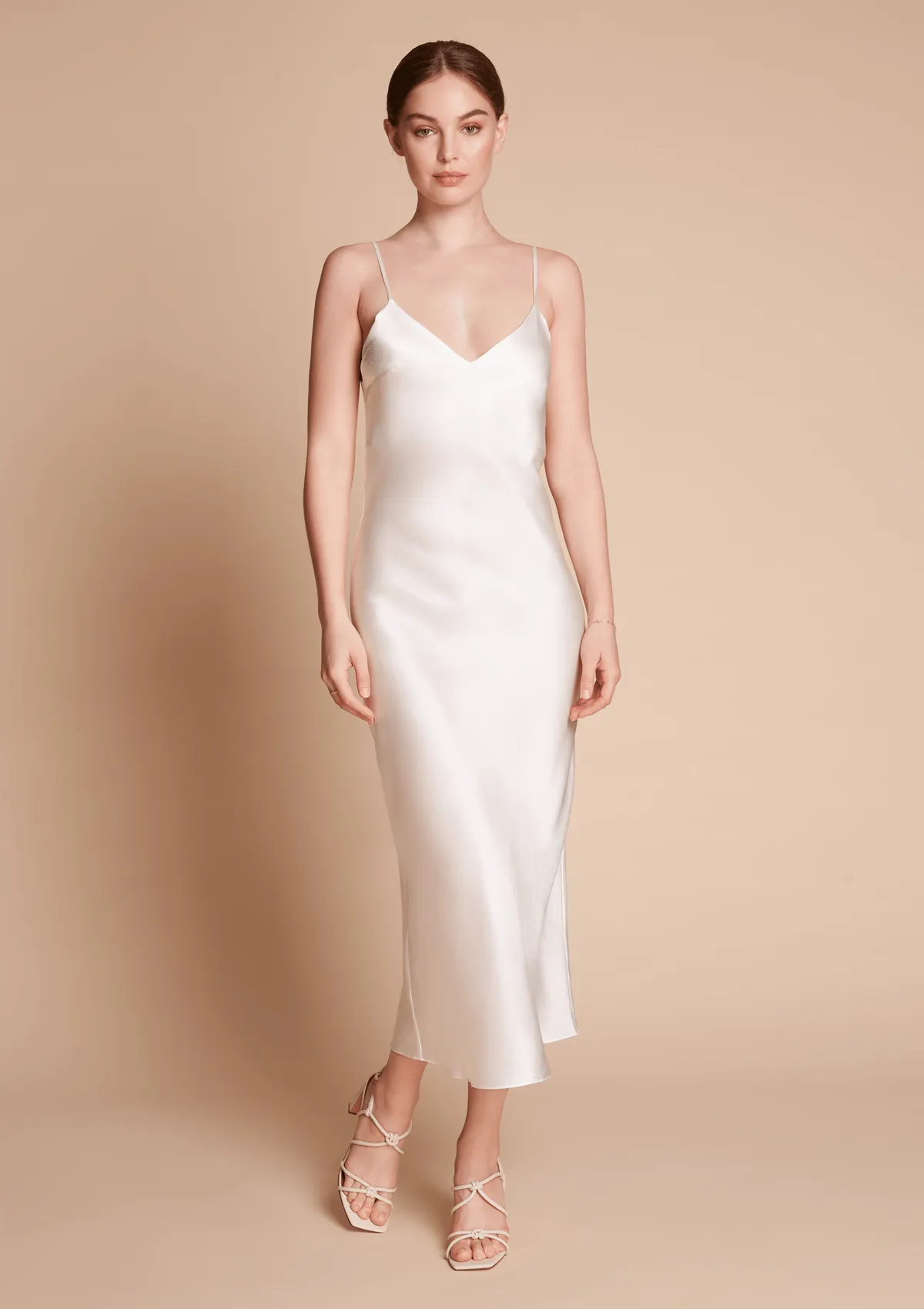 Sophia Midi Silk Slip Dress in Ivory White