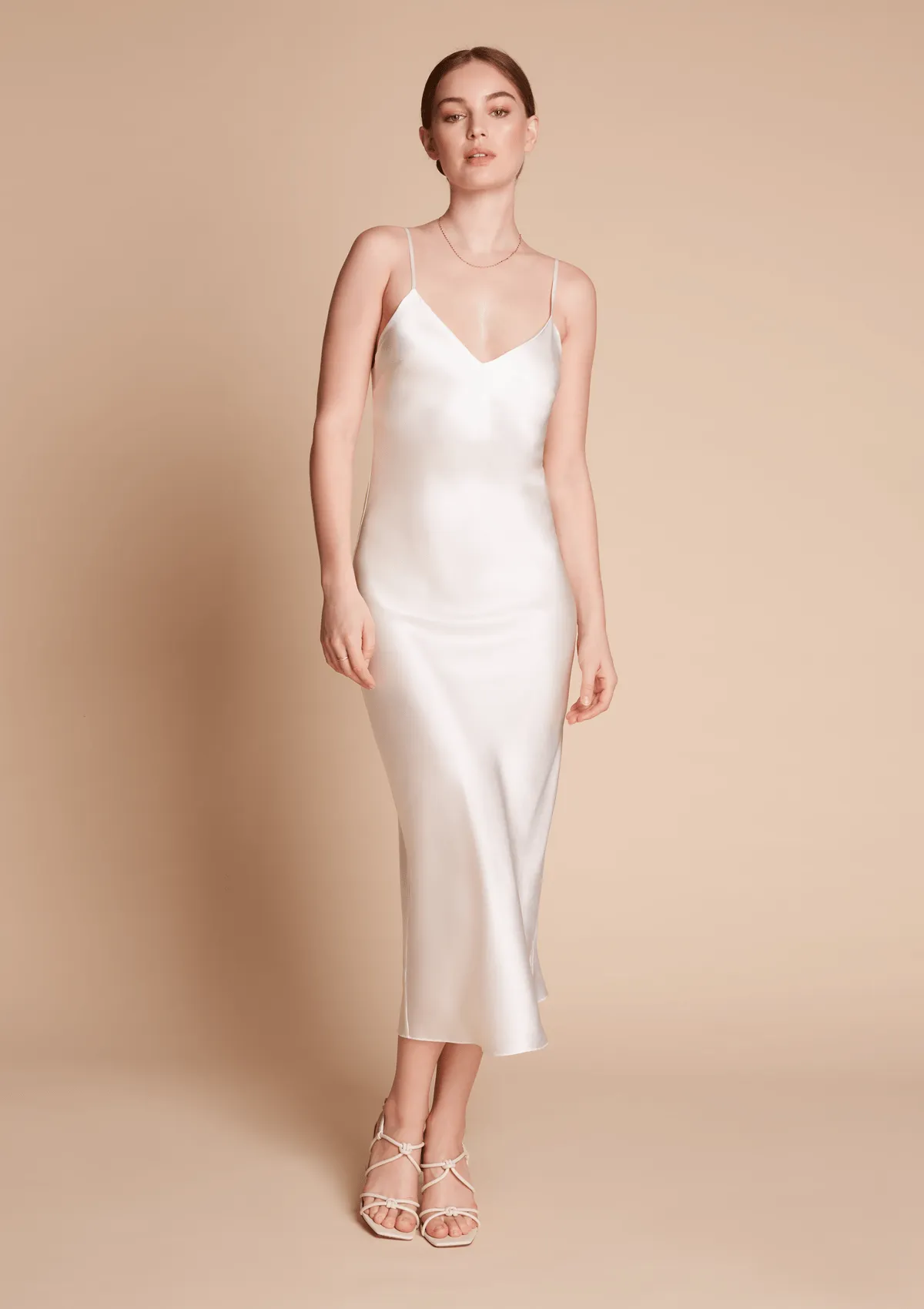 Sophia Midi Silk Slip Dress in Ivory White