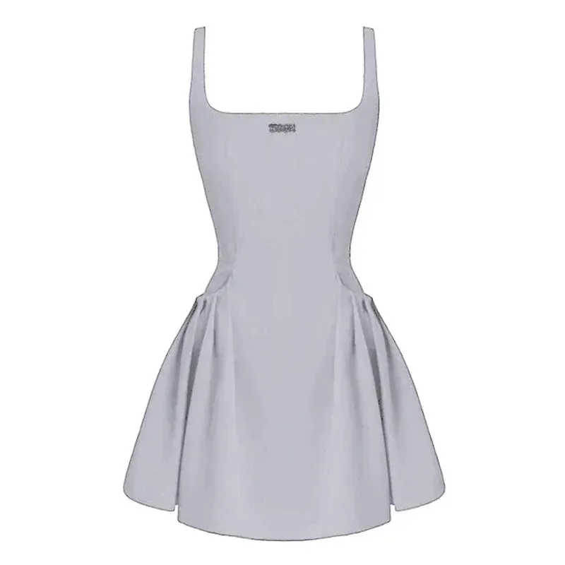 Spring Summer Slip Tank Backless Mini Dress Women Square Collar Korean Casual Beach Design Pocket Party Short Dresses