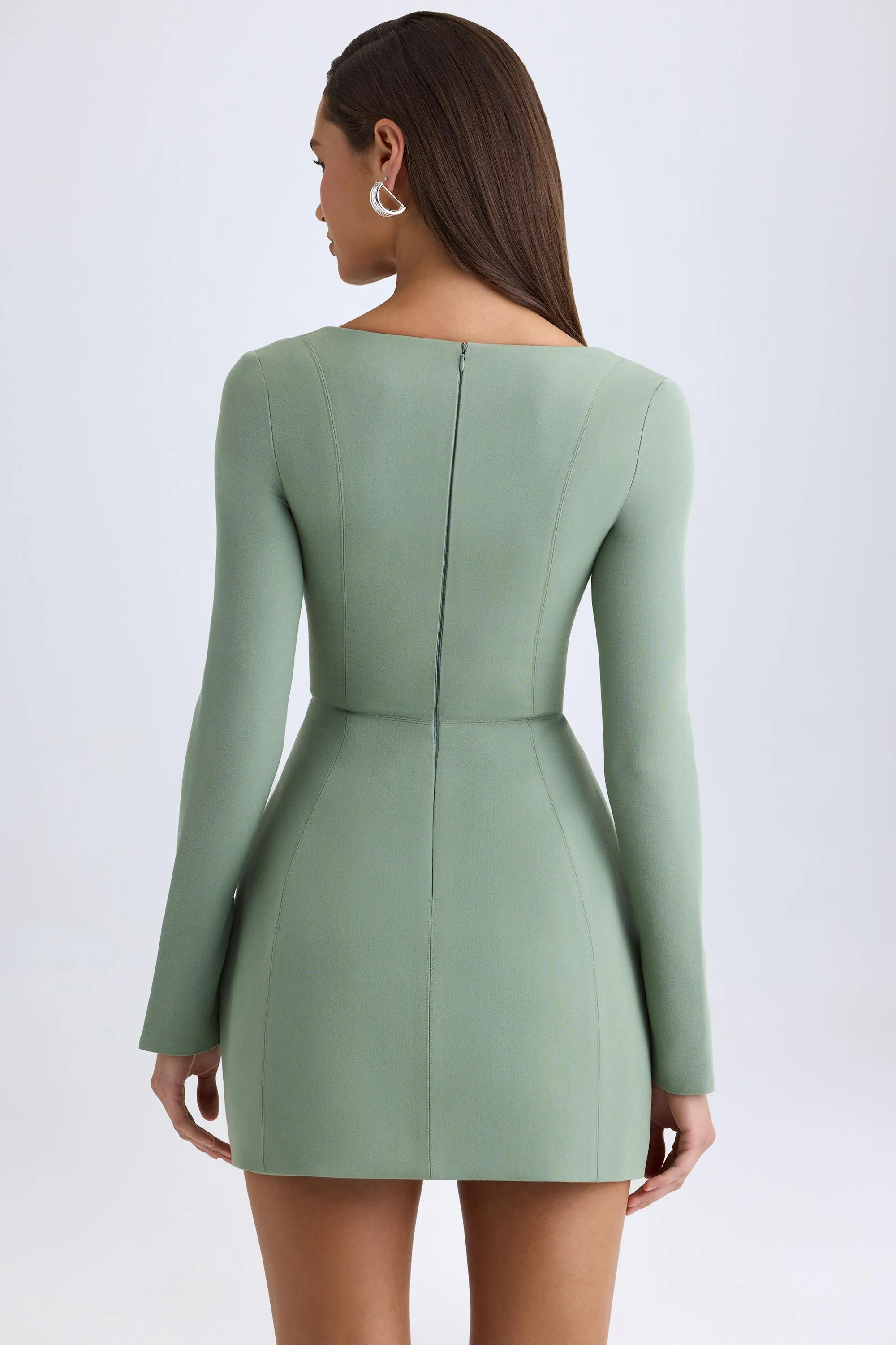 Square-Neck Structured Tulip Mini Dress in Khaki Green