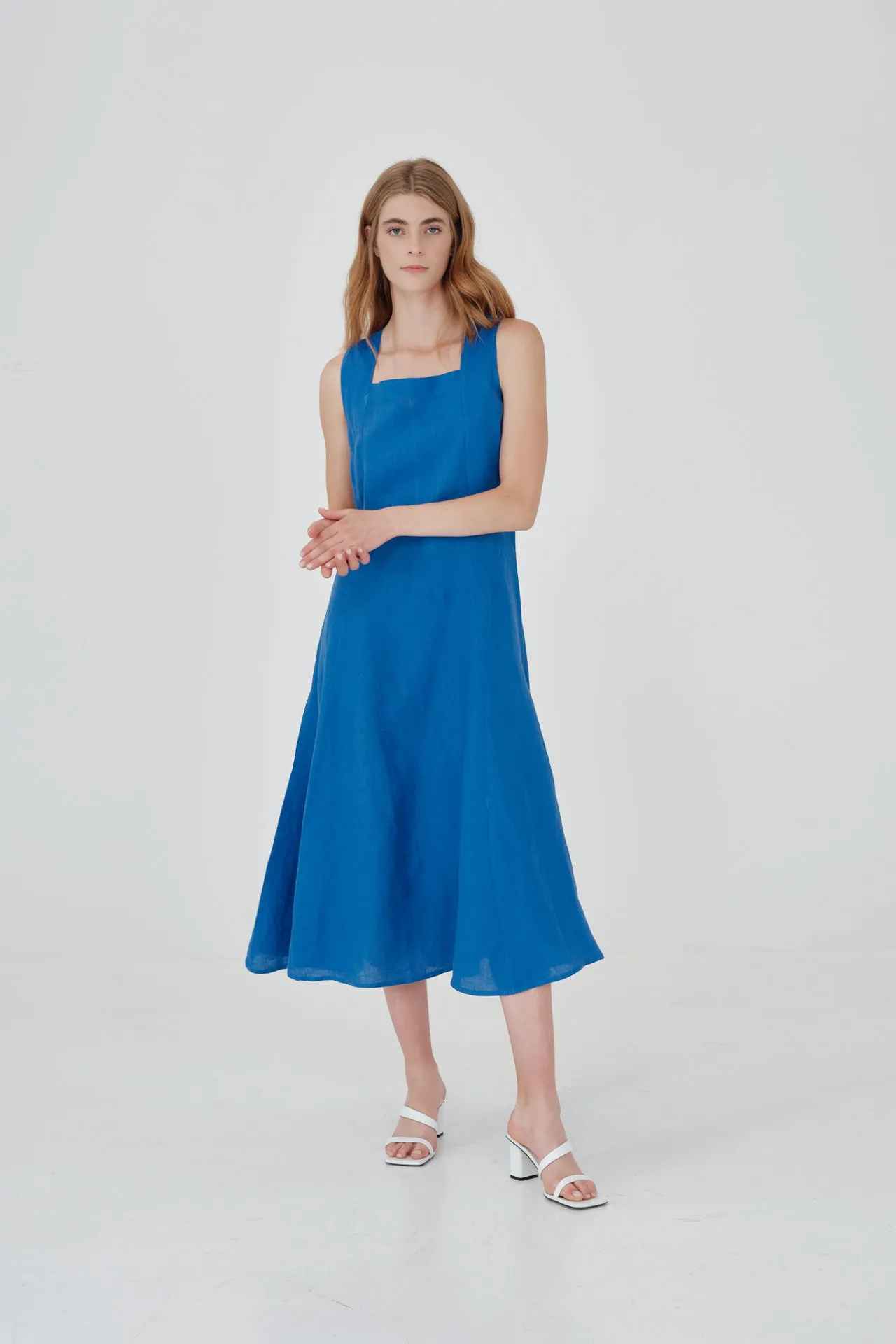 Square Neckline Flared Linen Midi Dress