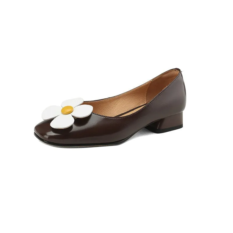 Square Toe Leather Flat Slip on for Women with Plumerias Handmade in Brown/Green/Beige