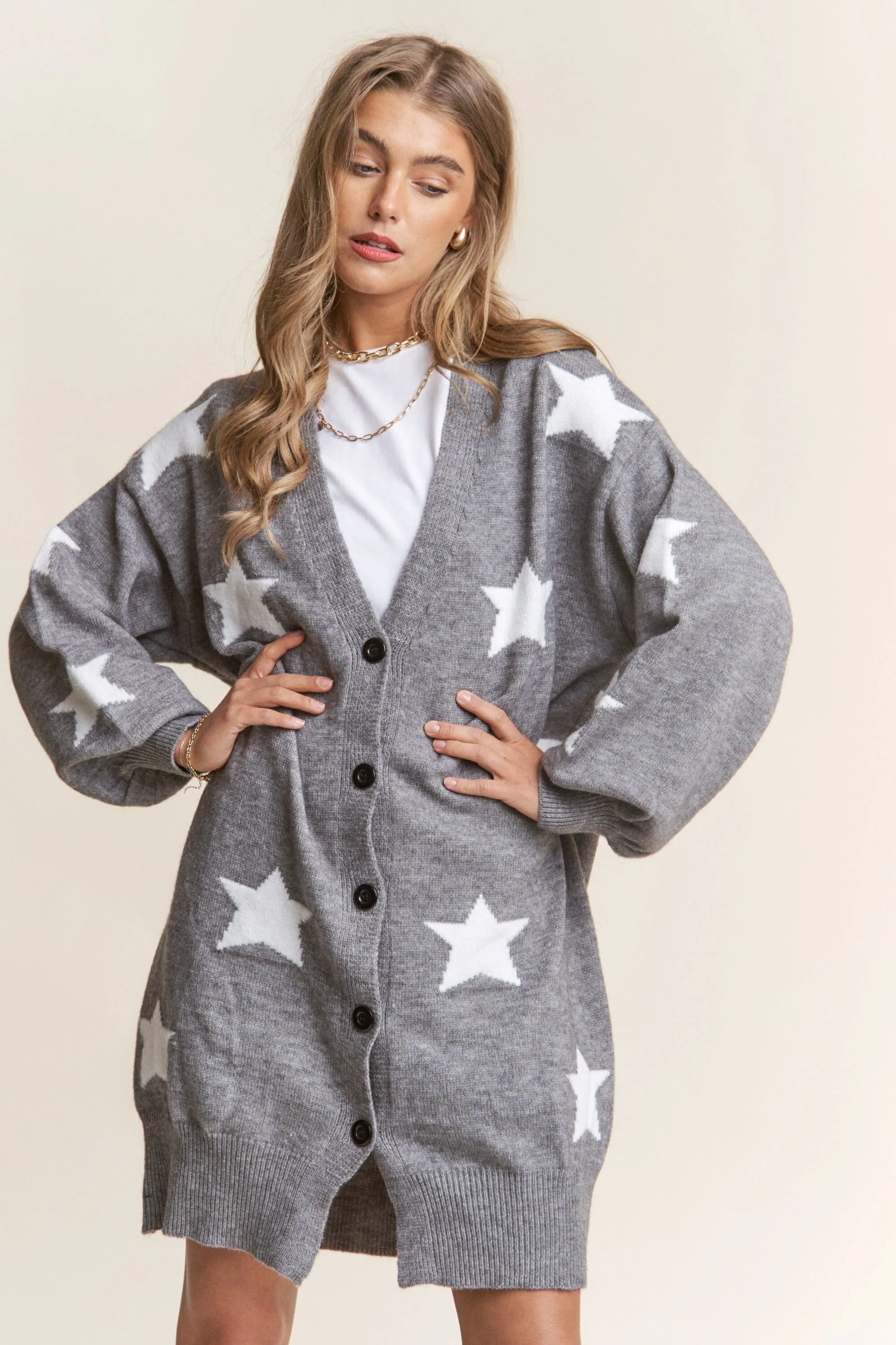 STAR BUTTON DOWN GREY KNIT CARDIGAN