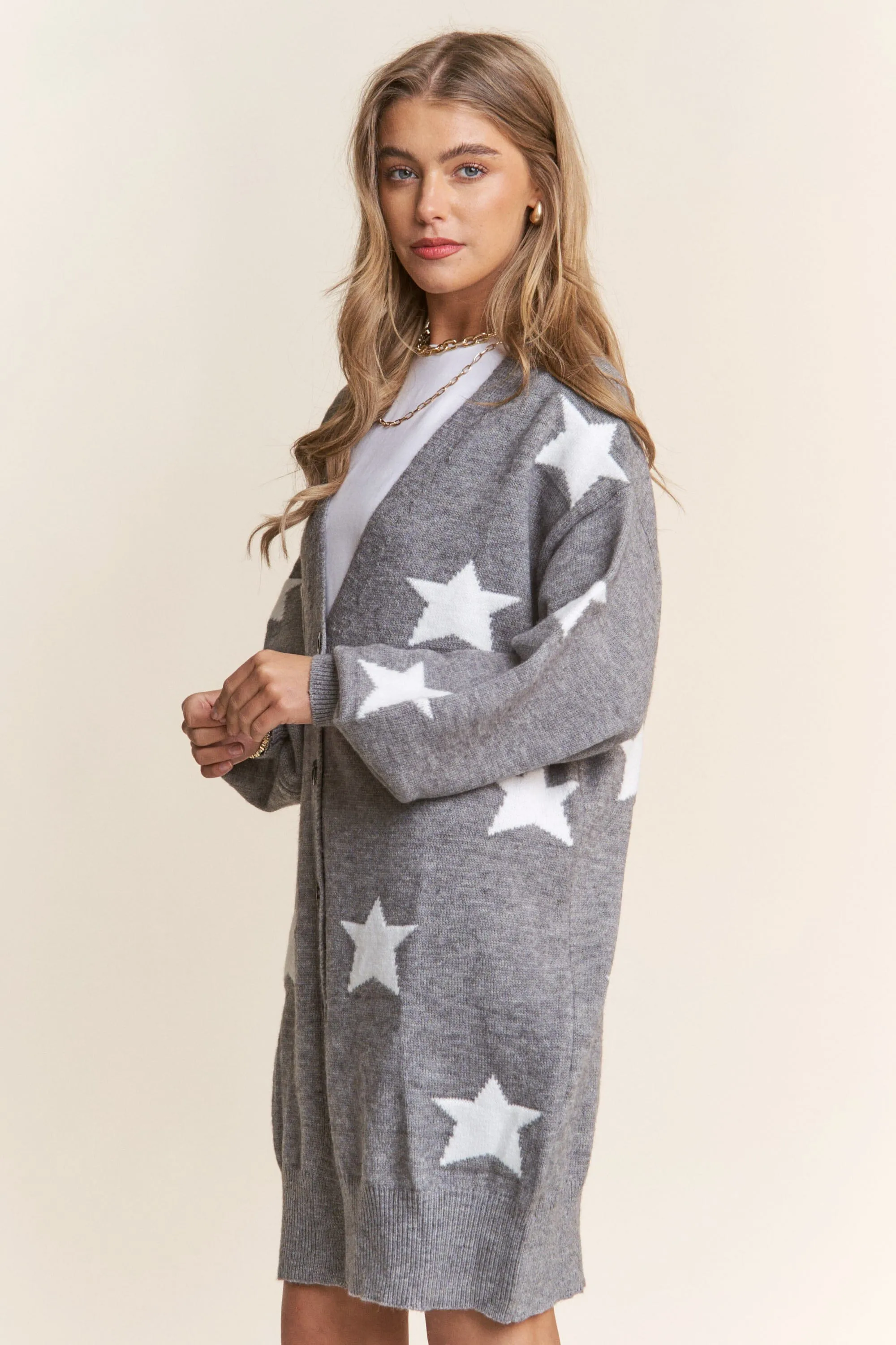 STAR BUTTON DOWN GREY KNIT CARDIGAN