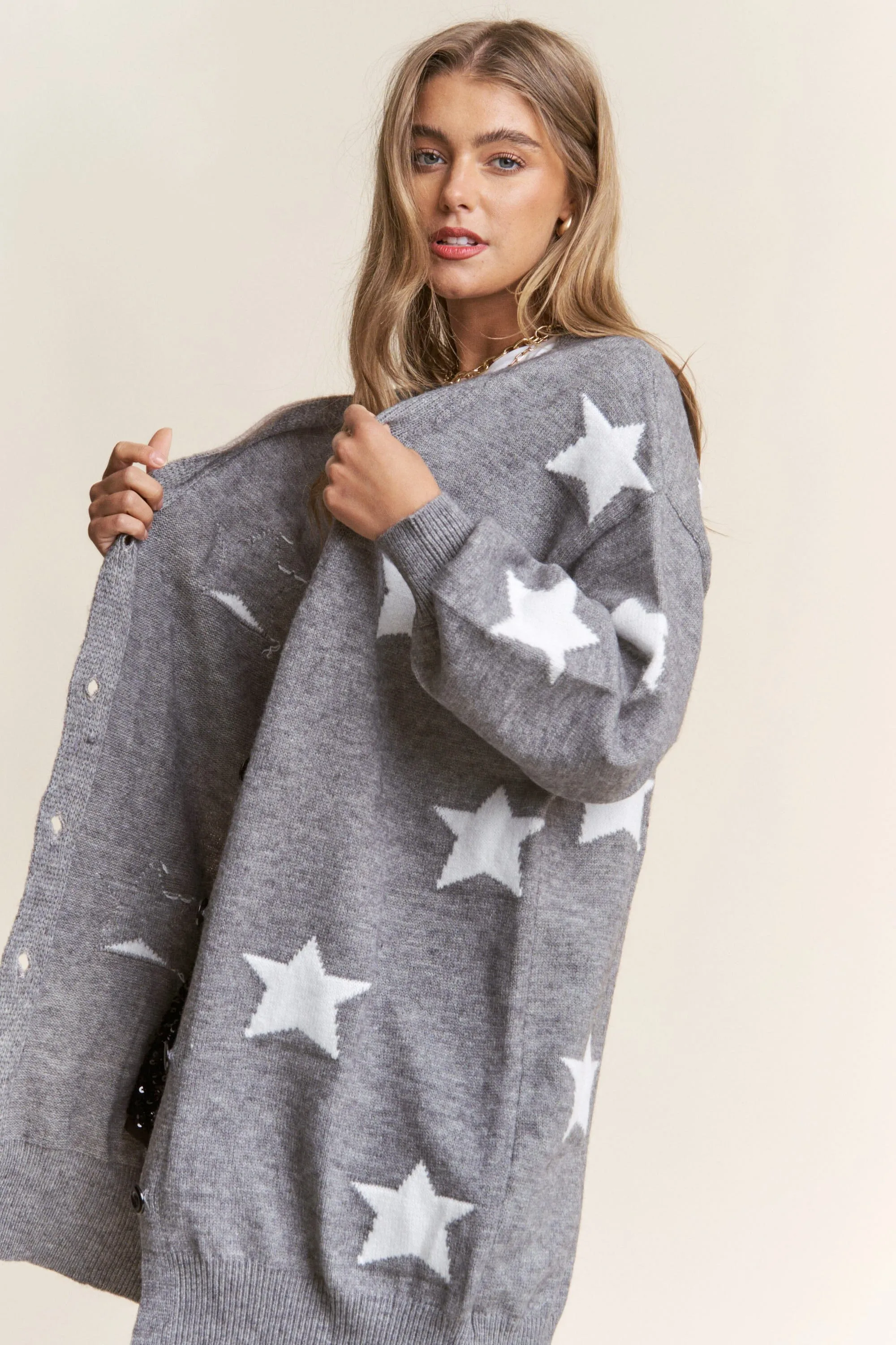 STAR BUTTON DOWN GREY KNIT CARDIGAN