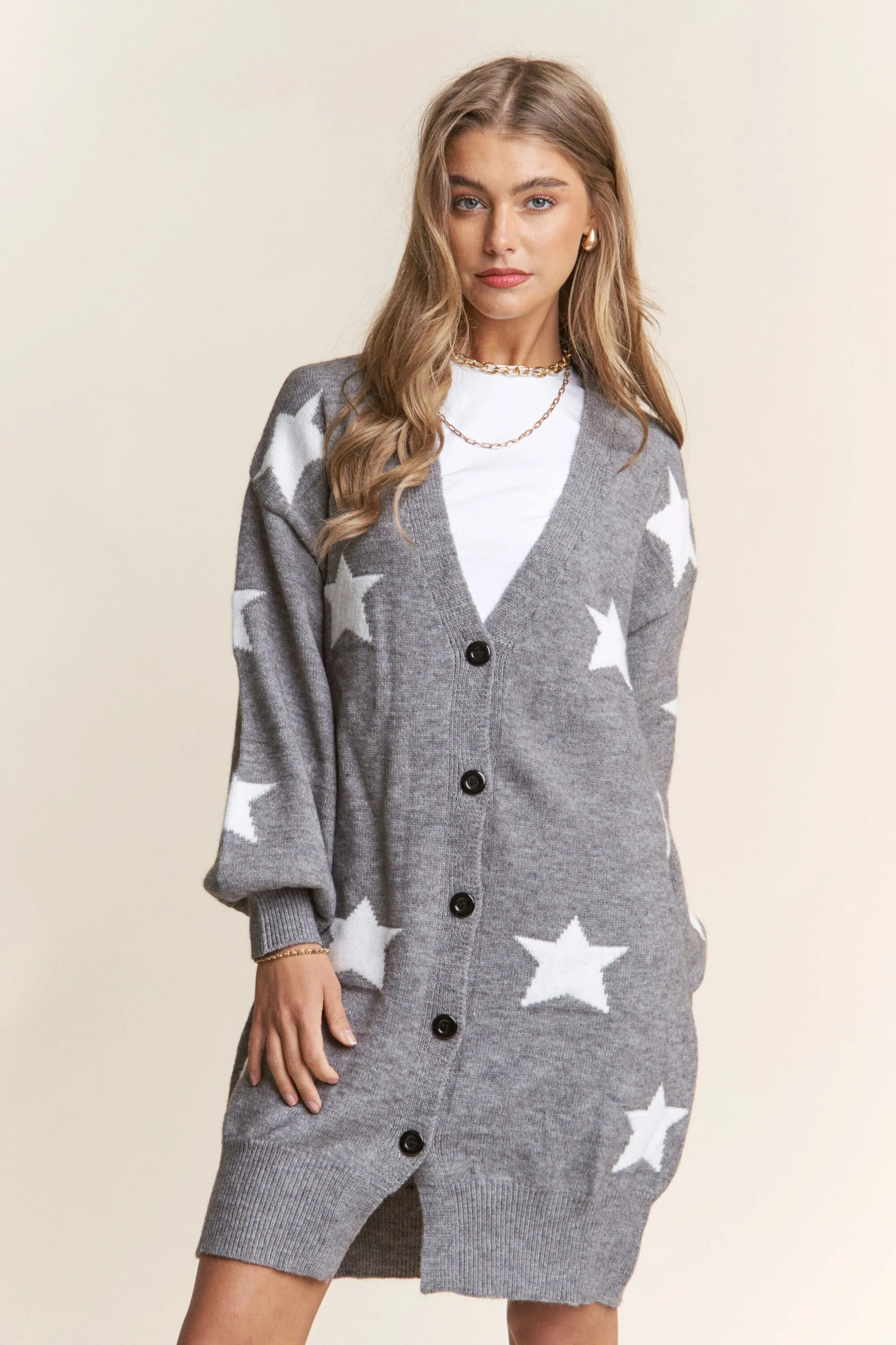 STAR BUTTON DOWN GREY KNIT CARDIGAN