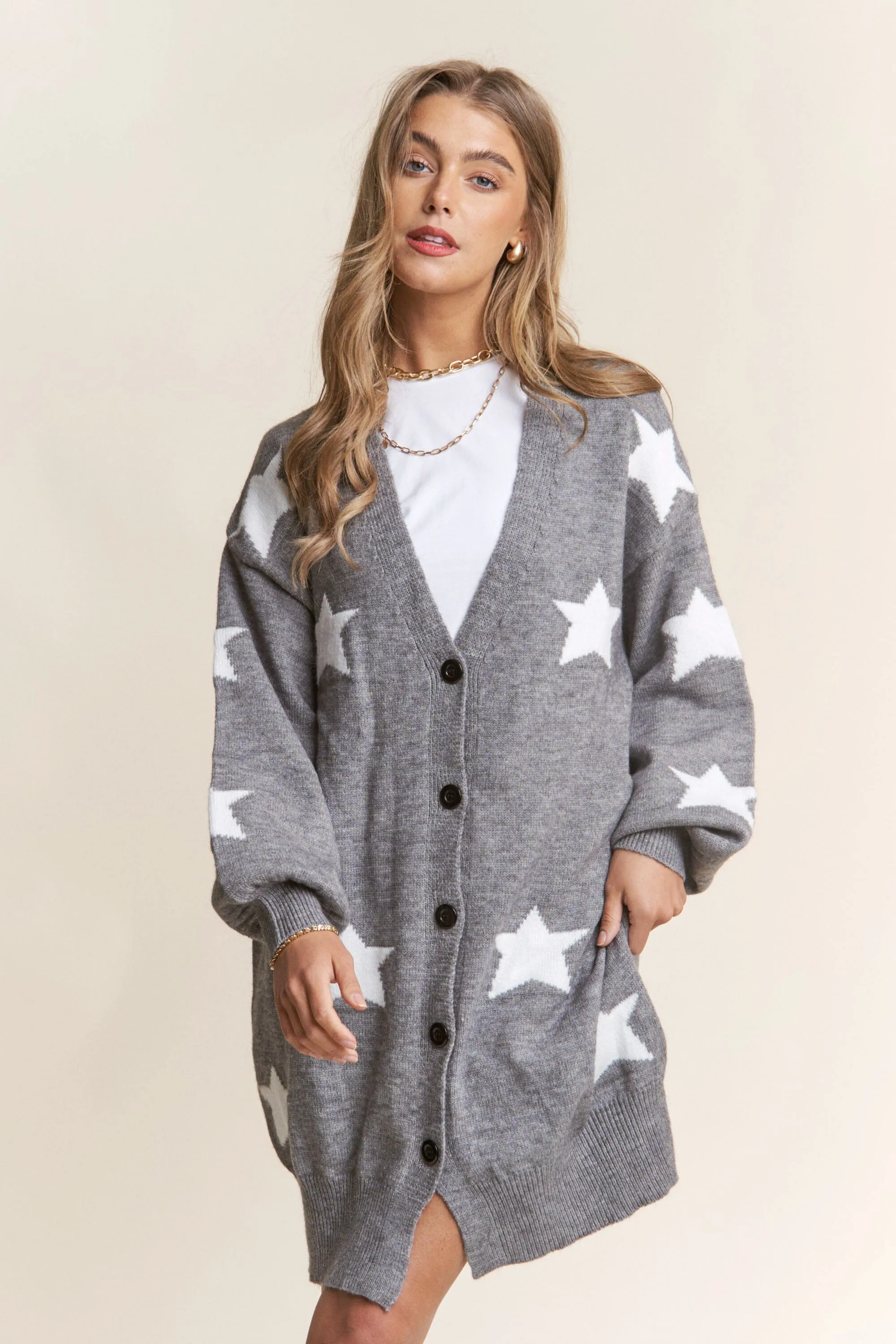 STAR BUTTON DOWN GREY KNIT CARDIGAN