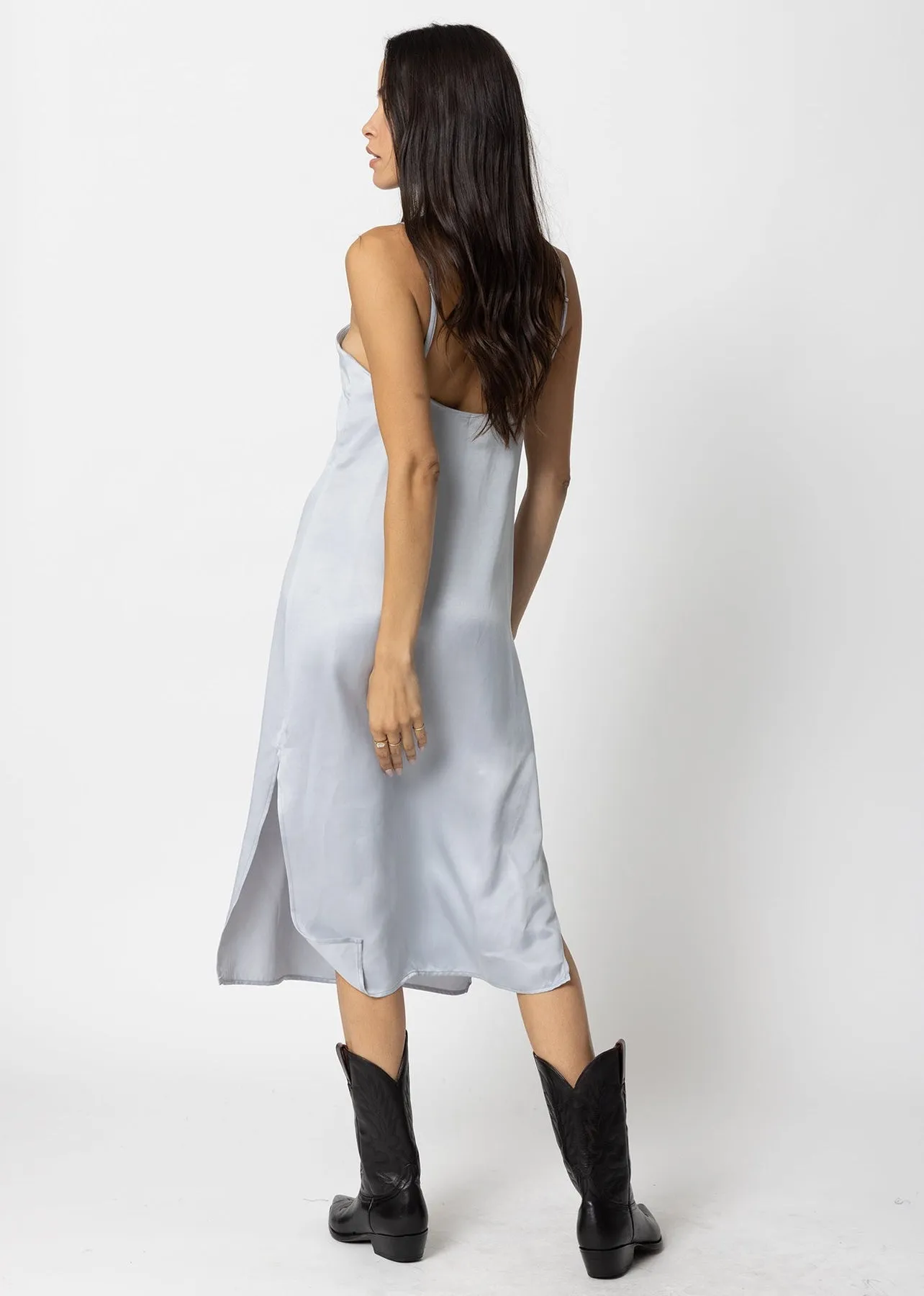 Stillwater Cupro Silky Slip Midi Dress in Silver