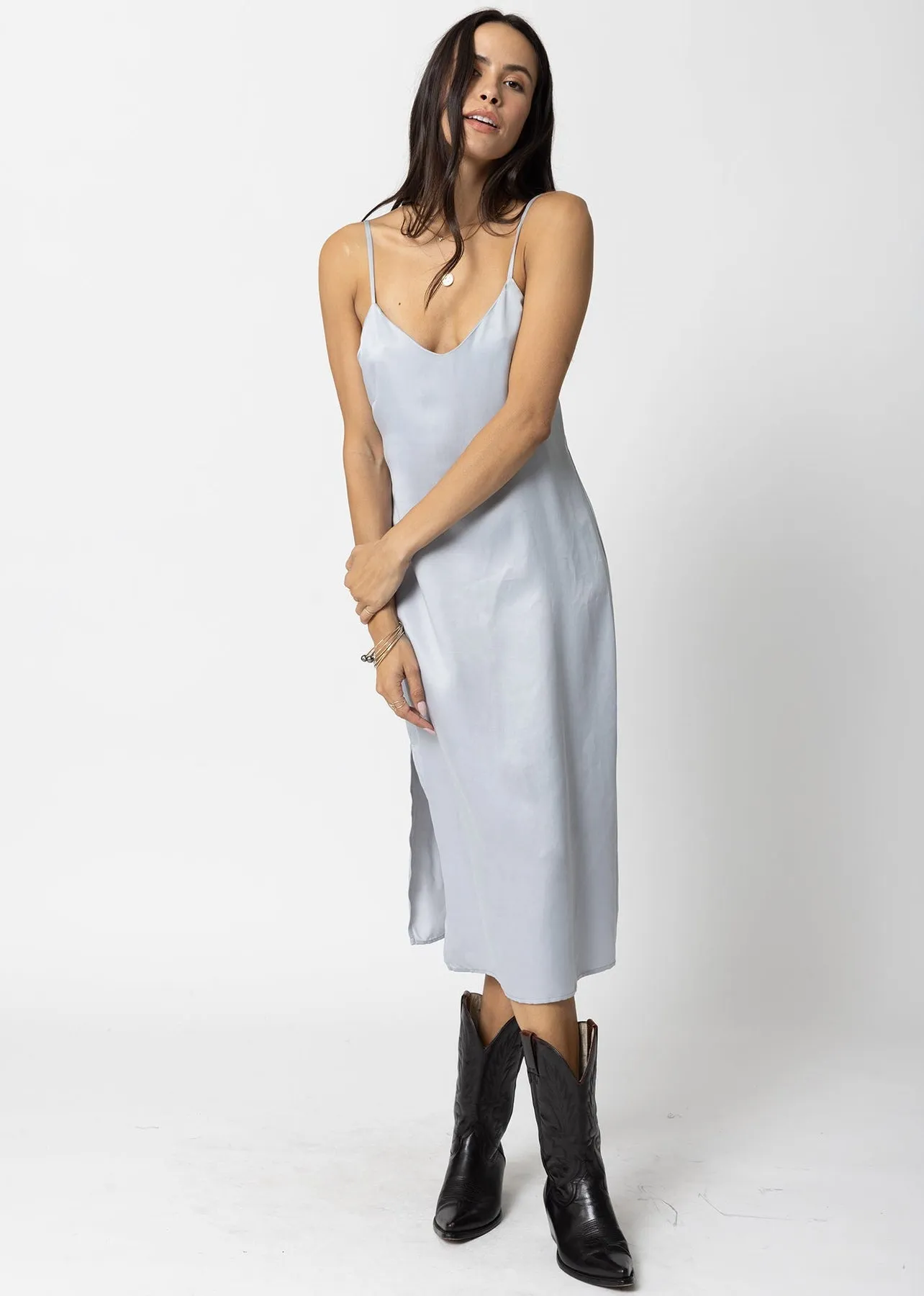 Stillwater Cupro Silky Slip Midi Dress in Silver