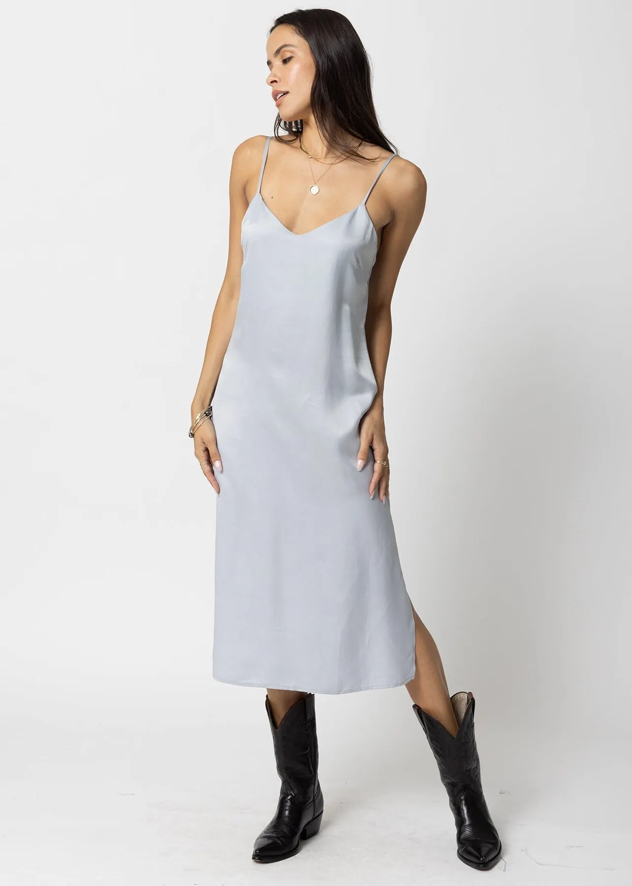 Stillwater Cupro Silky Slip Midi Dress in Silver