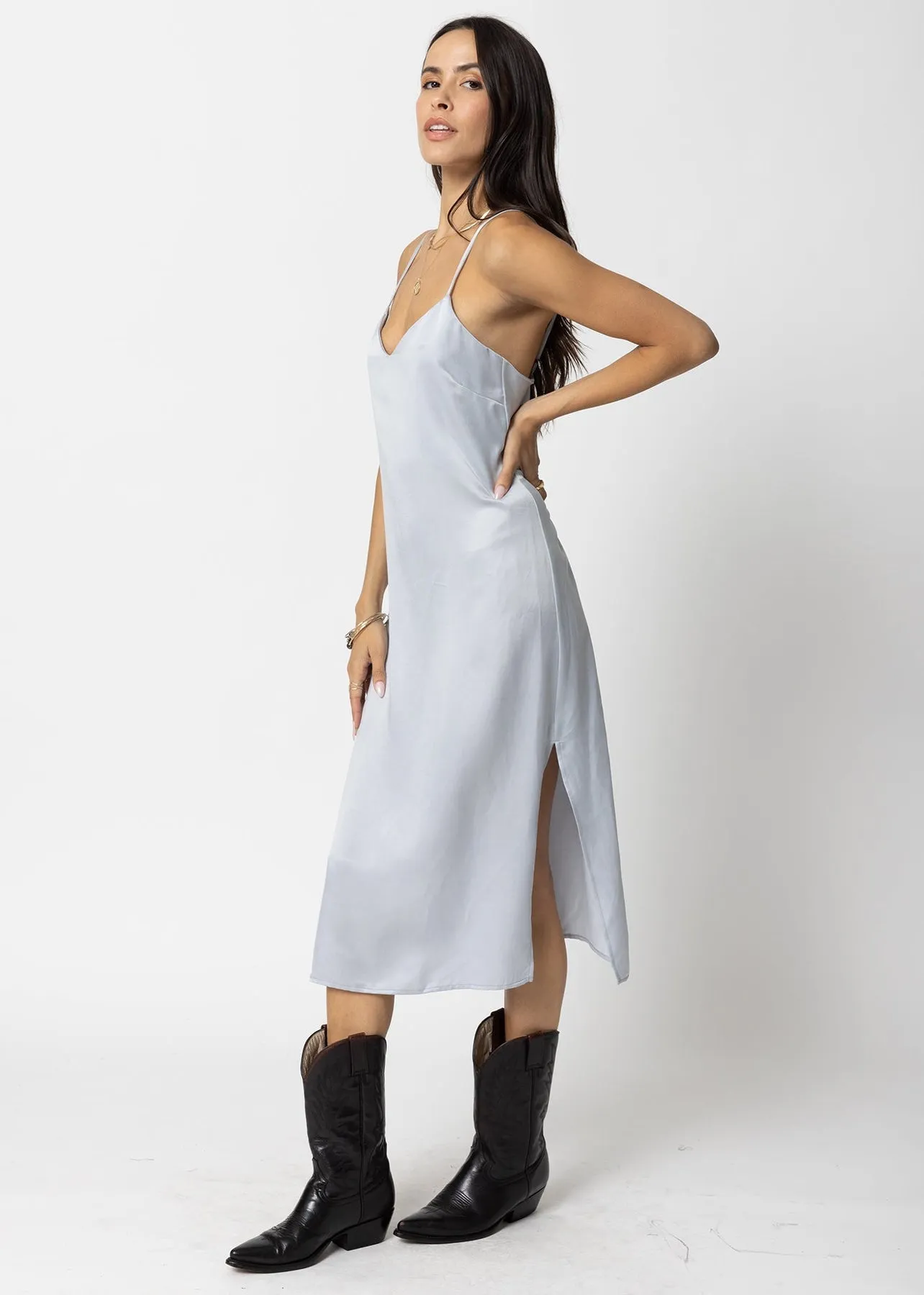 Stillwater Cupro Silky Slip Midi Dress in Silver